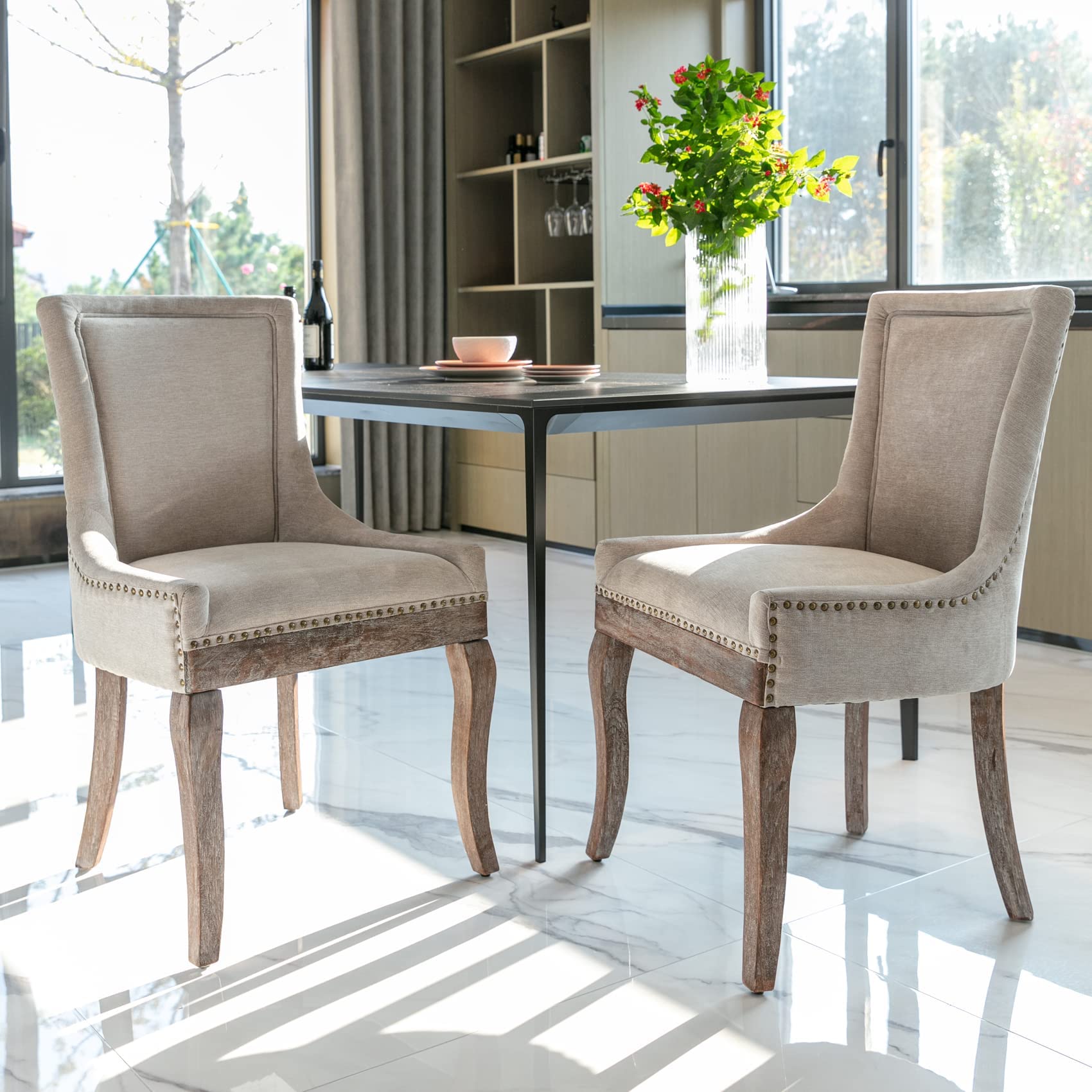 Aoowow 2-Piece Fabric Upholstered Side Chairs Set - Solid Wood Dining Chairs with Nailhead Trim, Beige - Perfect for Kitchen, Dining Room & Home Office Seating