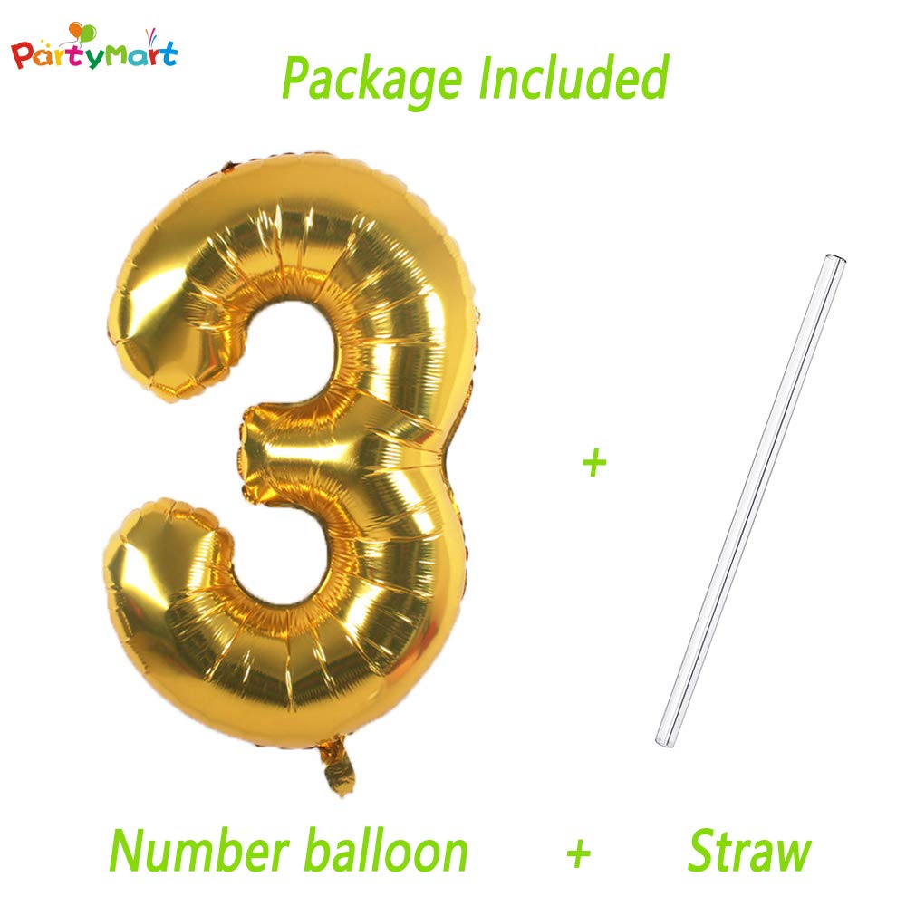42 Inch Gold Foil Number 3 Balloons - Large Metallic Birthday Party Decorations for Anniversaries, Graduations & Baby Showers