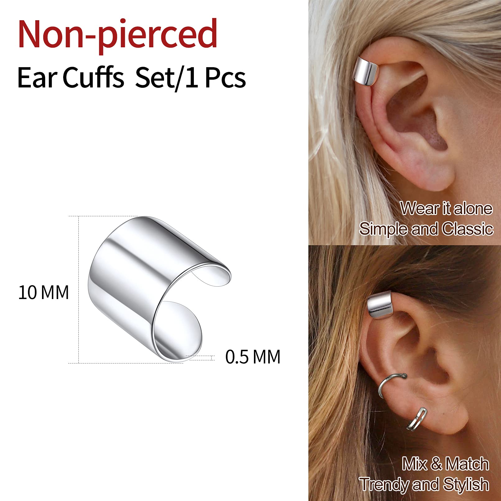 ChicSilver 925 Sterling Silver Non-Piercing Clip-On Cartilage Ear Cuff Earrings for Women - Elegant Helix Ear Jewelry with Gift Box - Perfect for Parties, Weddings & Everyday Wear