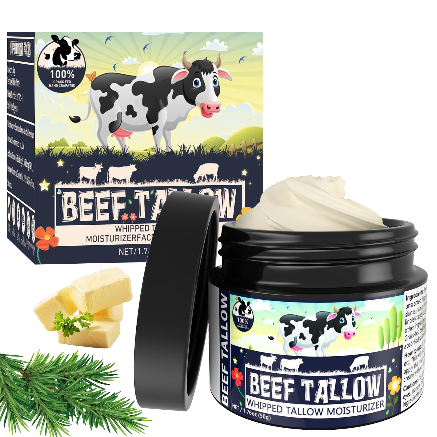 Organic Grass-Fed Beef Tallow Balm for Face & Body - 100% Natural Whipped Tallow Moisturizer, Unscented Skin Care for Sensitive Skin | Hydrating Face Cream & Body Lotion for Dry Skin, Eczema & DIY Beauty