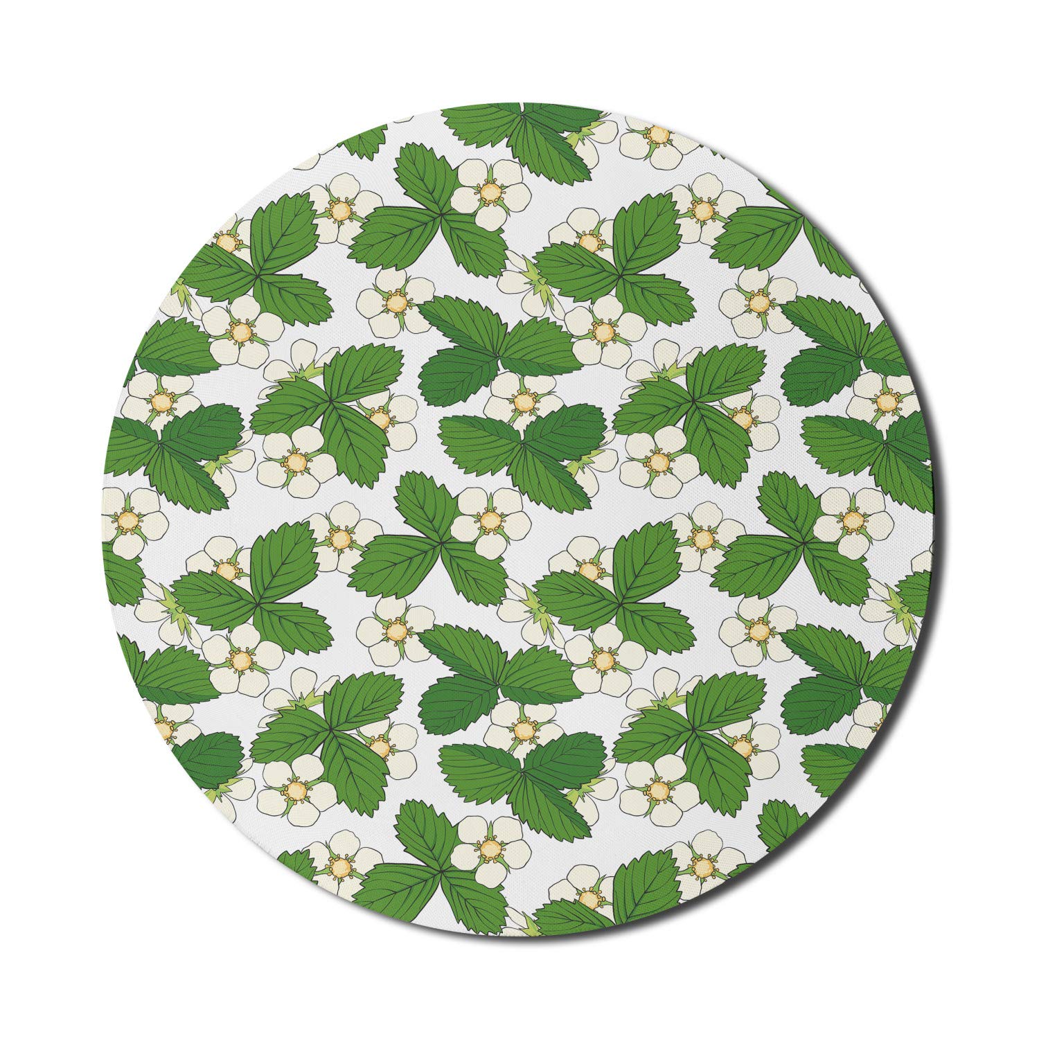 Ambesonne Floral Computer Mouse Pad - Non-Slip Thick Rubber Gaming Mousepad with Strawberry Flower Leaf Design, 8 Inch Round Cream Green - Perfect for Office, Home & Gaming Setup