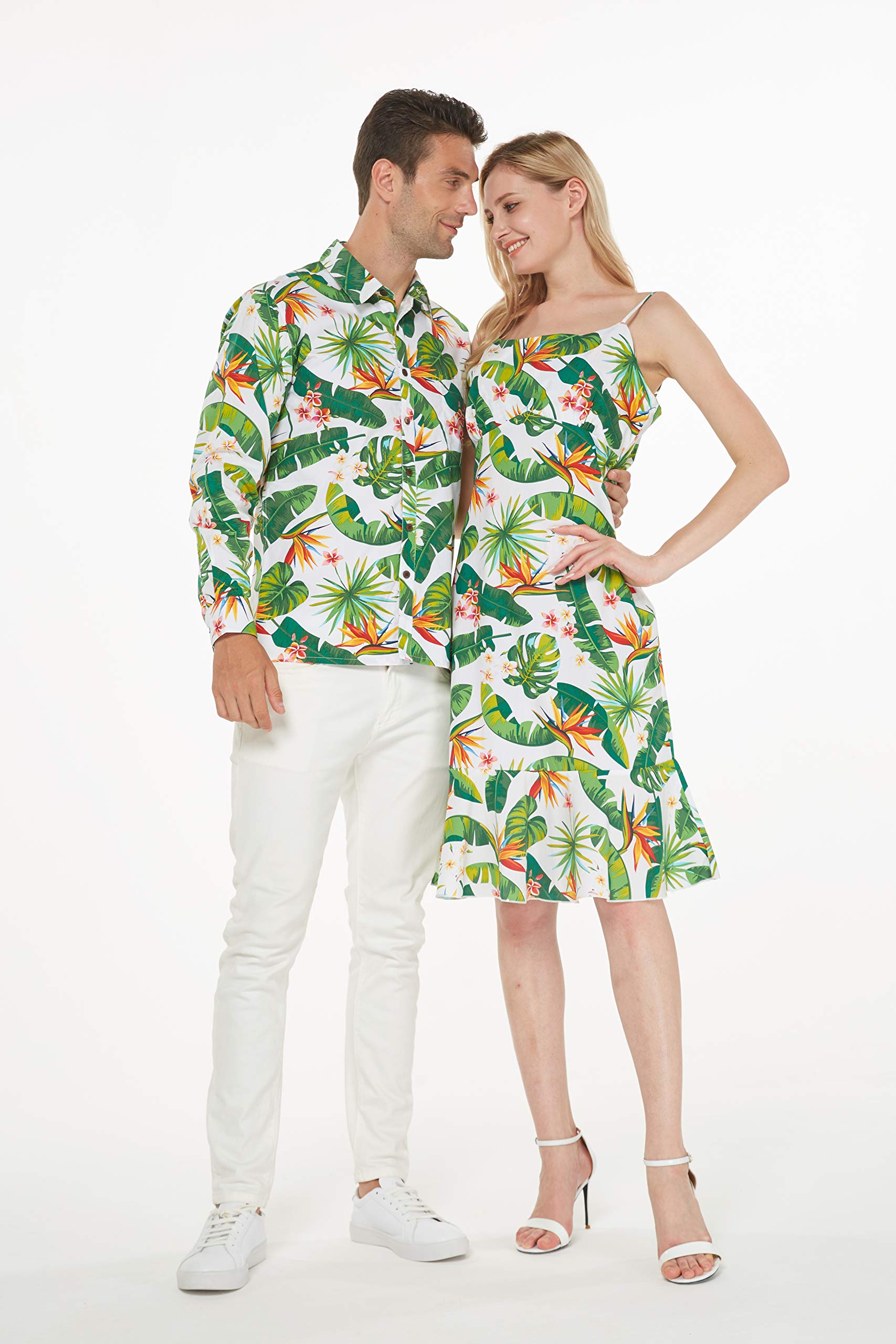Matching Couple Hawaiian Luau Cruise Outfits - His & Hers Aloha Shirt & Mermaid Dress Set in Classic White | Perfect for Tropical Vacations, Beach Weddings & Cruise Ship Parties