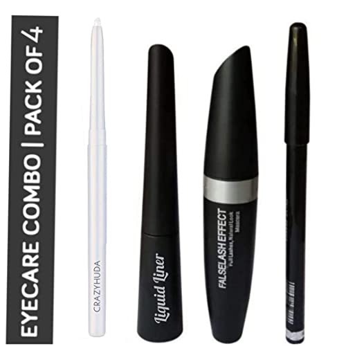 Crazy Huda Waterproof Mascara, Eyeliner & Eyebrow Pencil Set - Long Lasting Auto Kajal (4-Piece) for Everyday Makeup & Special Occasions