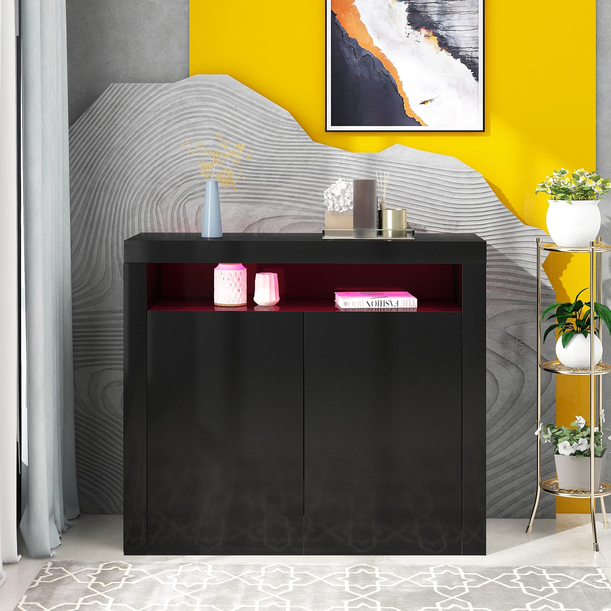 Modern Buffet Cabinet with Lights - Sideboard Storage Cabinet with 2 Doors & Display Shelf for Kitchen, Dining Room & Living Room | Restaurant Buffet Furniture | Black Contemporary Design