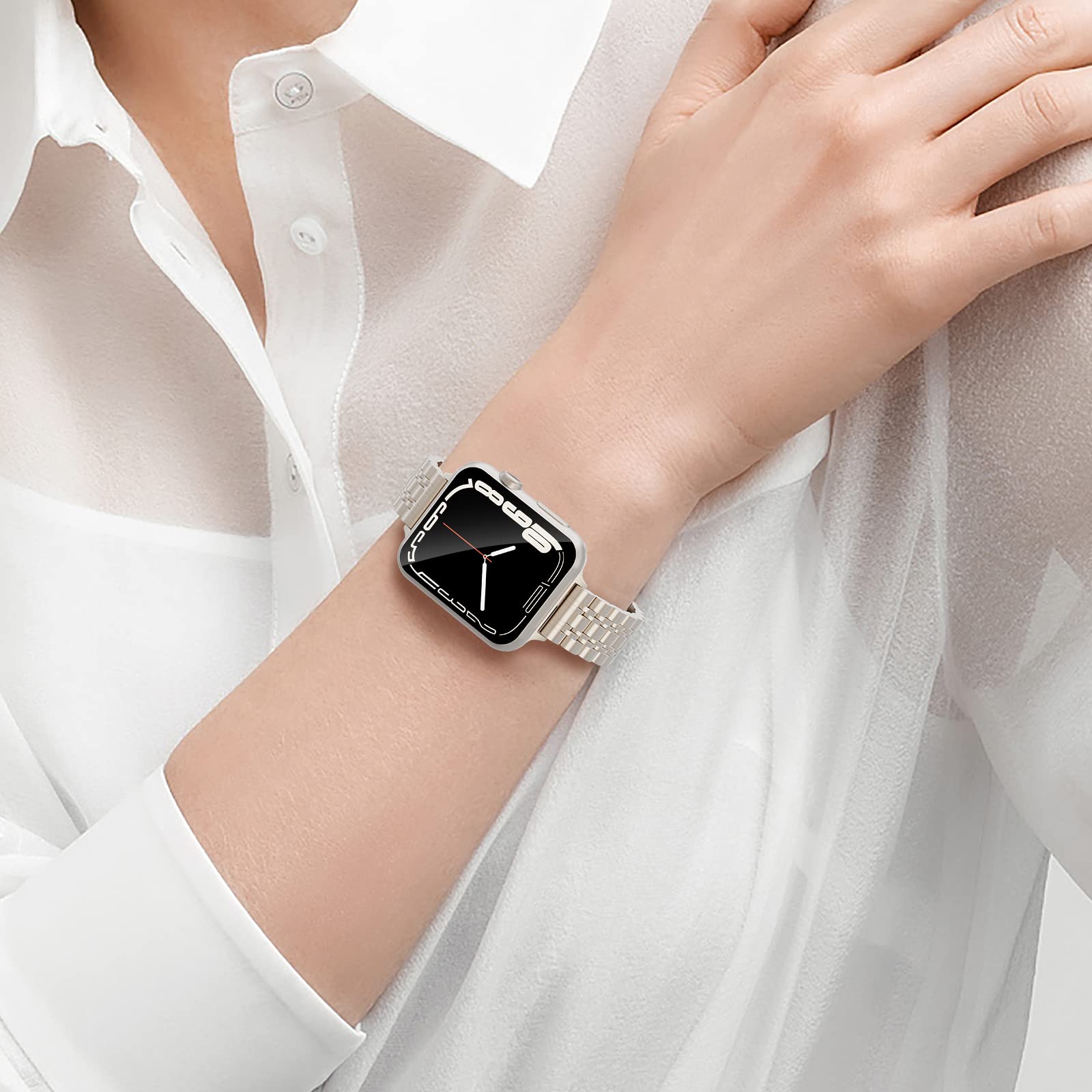 Slim Stainless Steel Metal Watch Band Compatible with Apple Watch 41mm 40mm 38mm 45mm 42mm 44mm 49mm - Thin Chain Link Strap for Women iWatch Series 9/8/7/SE/Ultra/6/5/4/3/2/1 - Perfect for Work, Gym & Everyday Wear
