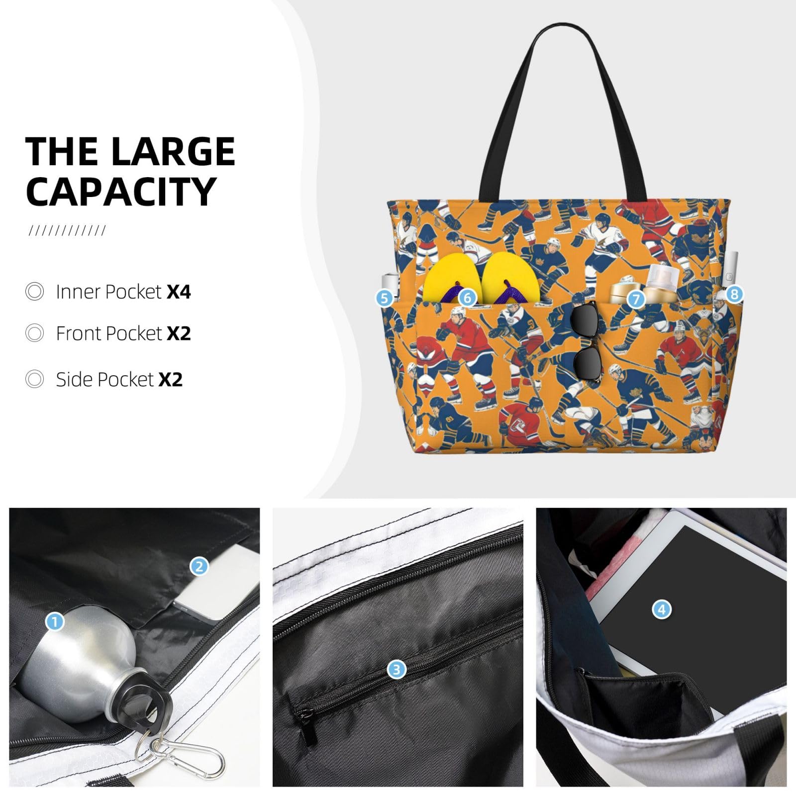 Waterproof Hockey Print Gym Shoulder Bag - Large Fashion Tote for Sports, Beach & Travel - Durable Black Workout Bag for Men & Women | Perfect for Gym, Swimming, Vacation & Outdoor Activities