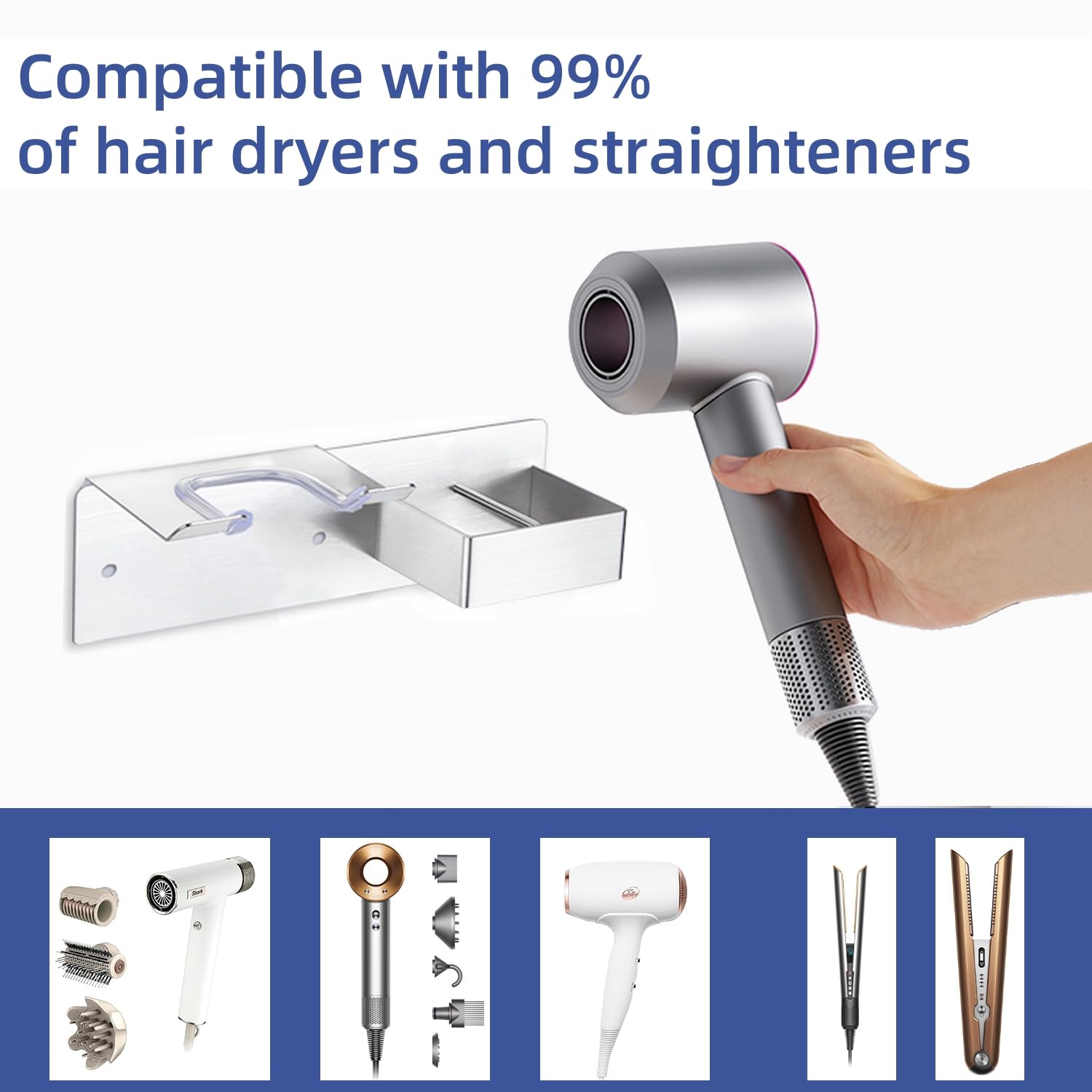 Wall Mounted Hair Dryer Holder - Stainless Steel Hair Tool Organizer for Bathroom | Adhesive/Drilling Installation | Perfect for Blow Dryers & Straighteners | Space-Saving Bathroom Storage Solution