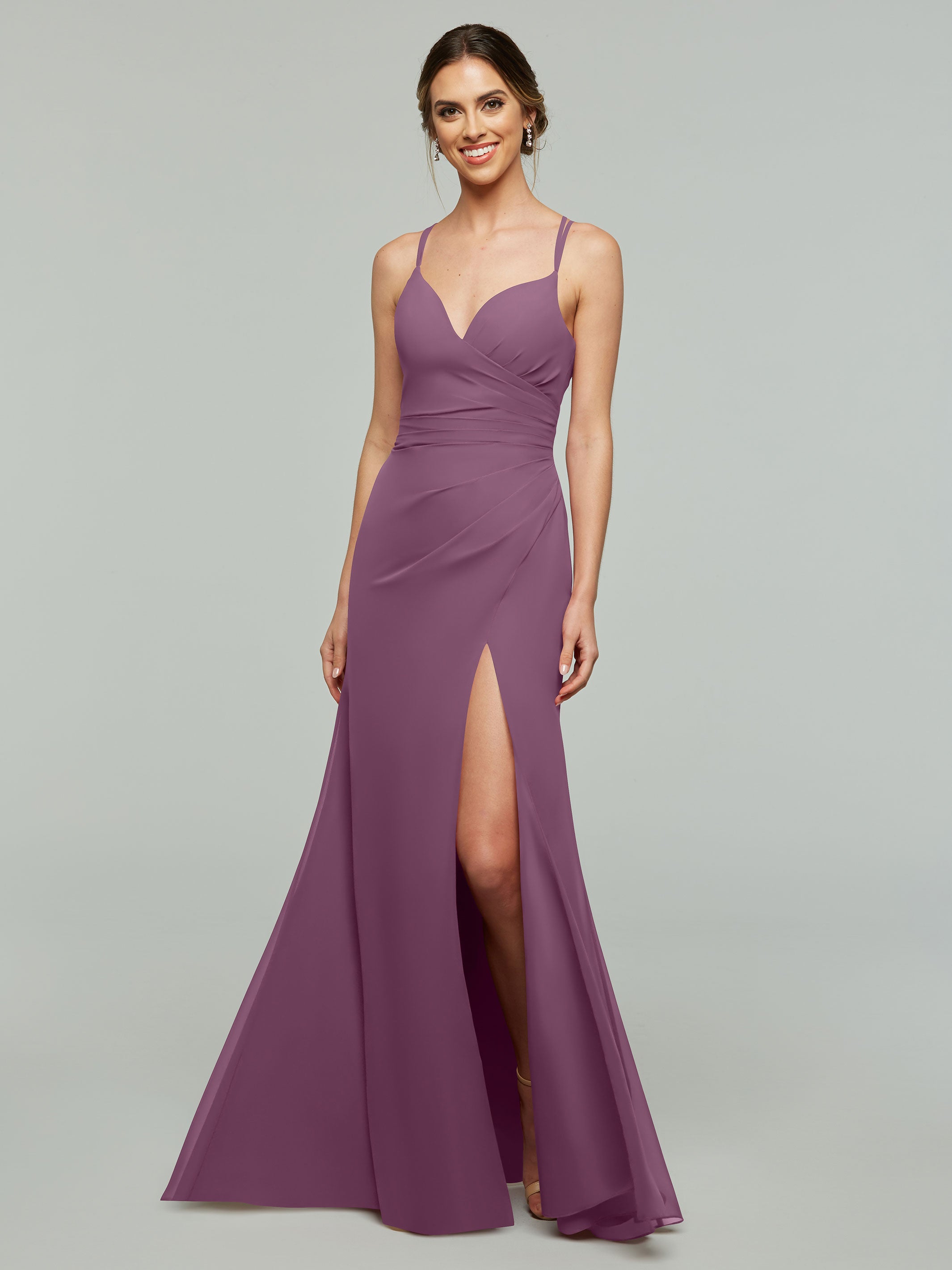 Elegant 80130 Chiffon Sheath Bridesmaid Dress - V Neck & High Slit Design for Wedding Party, Formal Events & Special Occasions