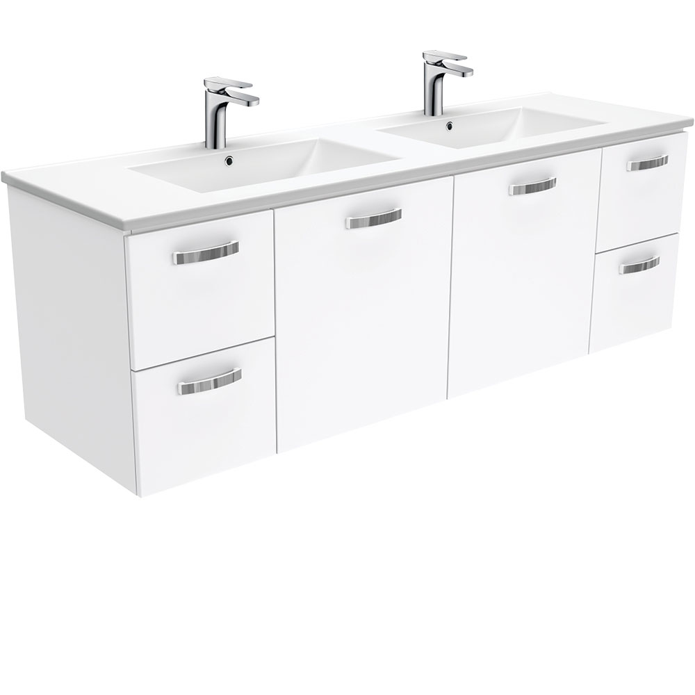 Fienza TCL150JD Dolce Ceramic 1500mm Wall Mounted Double Sink Bathroom Vanity with Handles in White - Perfect for Modern Home Bathroom Renovation and Space Saving Design