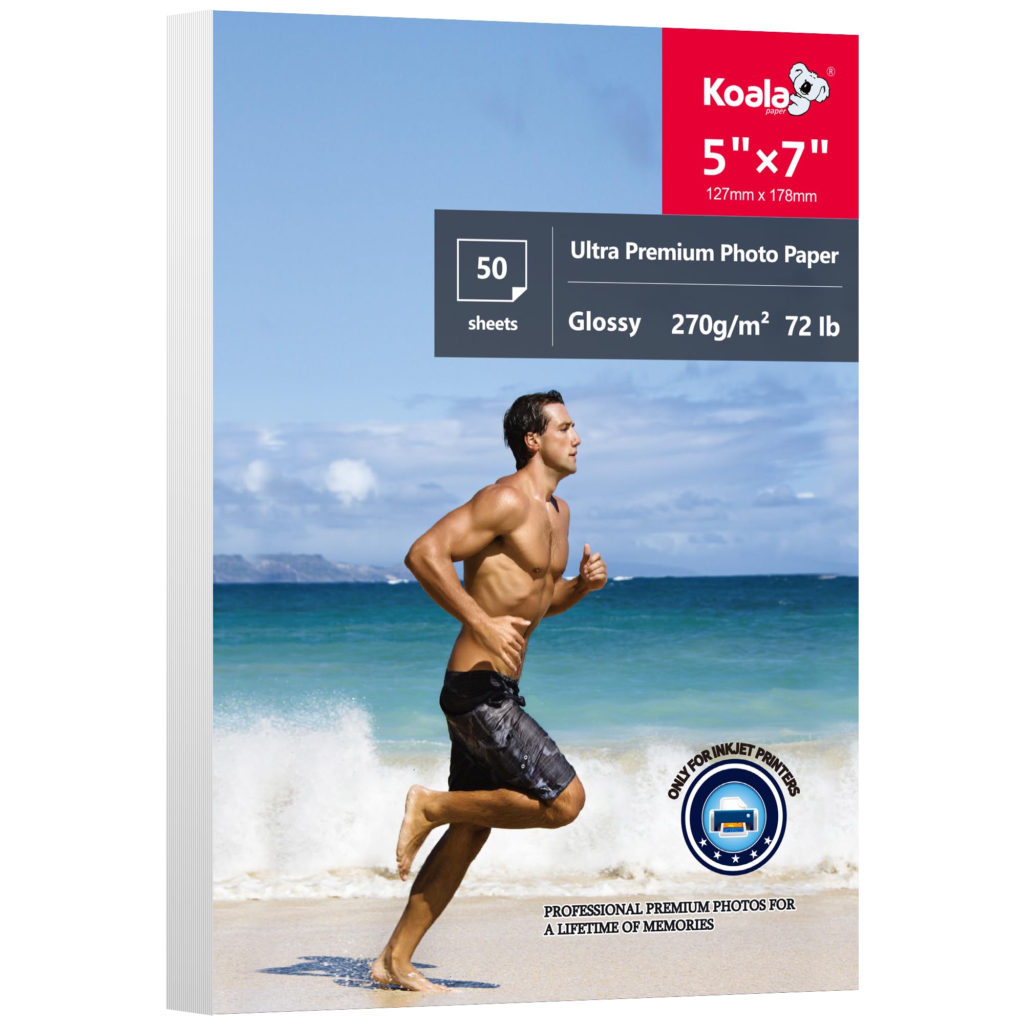 Koala Ultra Premium 5x7 Glossy Photo Paper for Inkjet Printers - 50 Sheets, 72lb, Water Resistant - Perfect for Photo Albums, Scrapbooking & Professional Printing