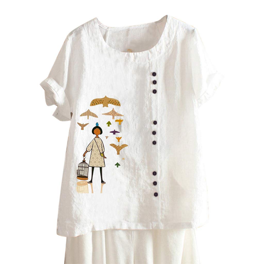 Vintage Cotton Short Sleeve Cartoon Print Button-Up Top for Women - Plus Size XL, Red & White Linen Blouse for Casual Outfits & Summer Wear