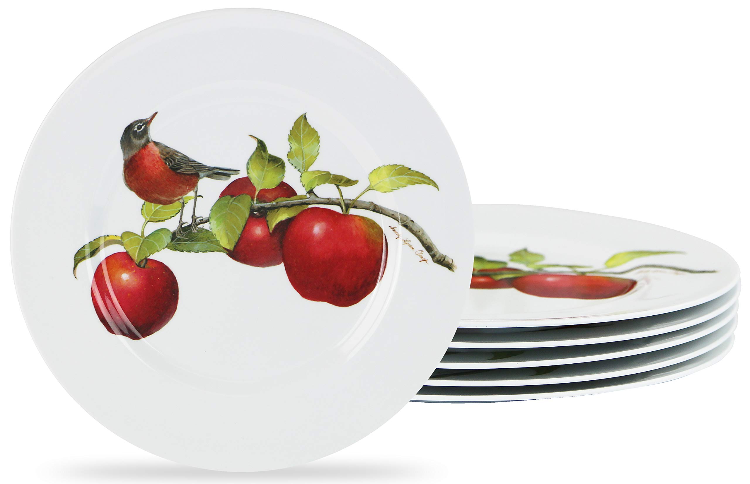 Reston Lloyd Harvest Apple by Sandy Clough - 6-Piece Melamine Salad Plate Set in White, Red & Green (Dishwasher Safe) - Perfect for Outdoor Dining, Picnics & Party Serving (Item# 72999set)