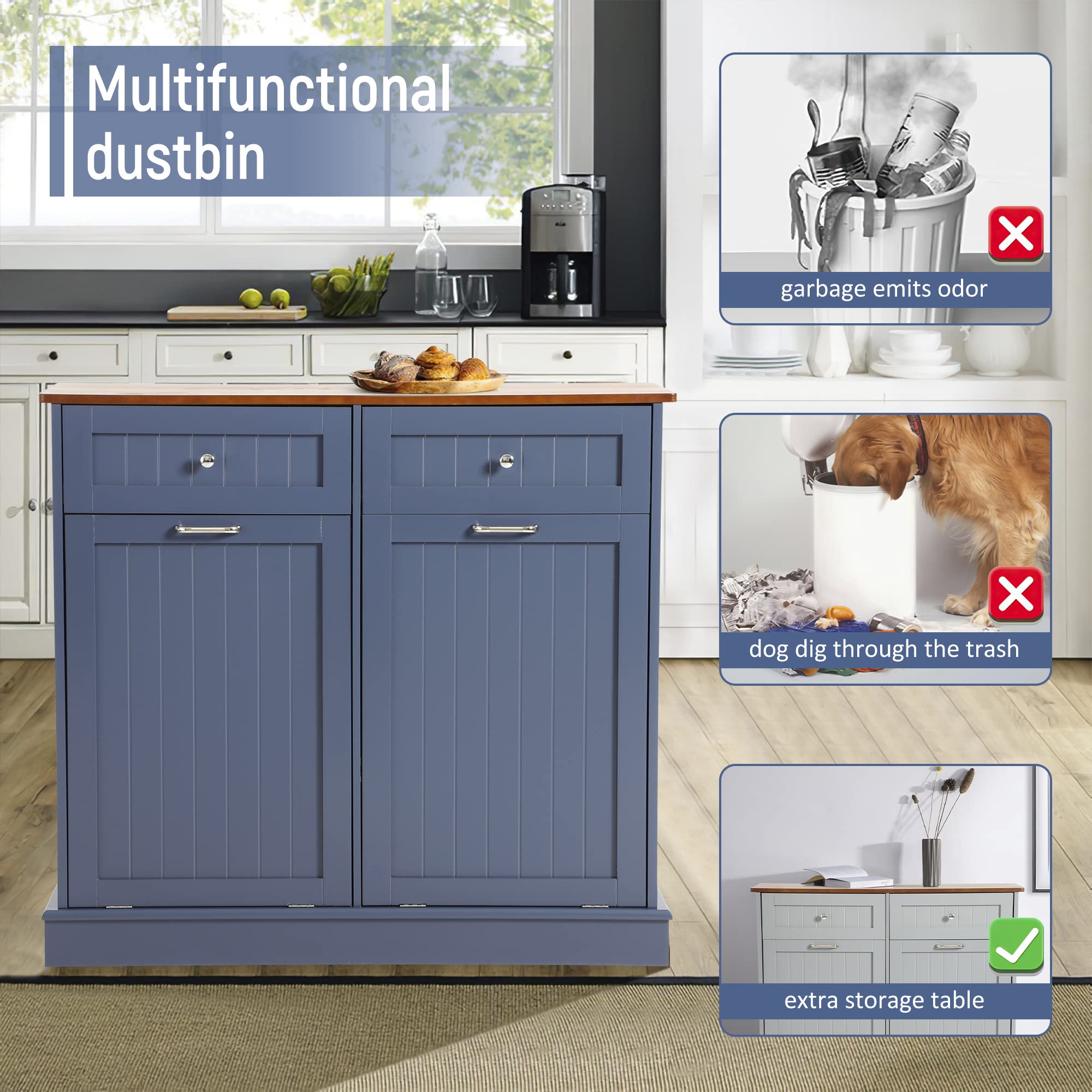 Tilt Out Trash Can Cabinet with Double Hidden Trash Bin Holder - Wooden Free Standing Kitchen Recycling Storage - Dog Proof Trash Can in Blue - Perfect for Small Kitchens, Pantries & Pet-Friendly Homes