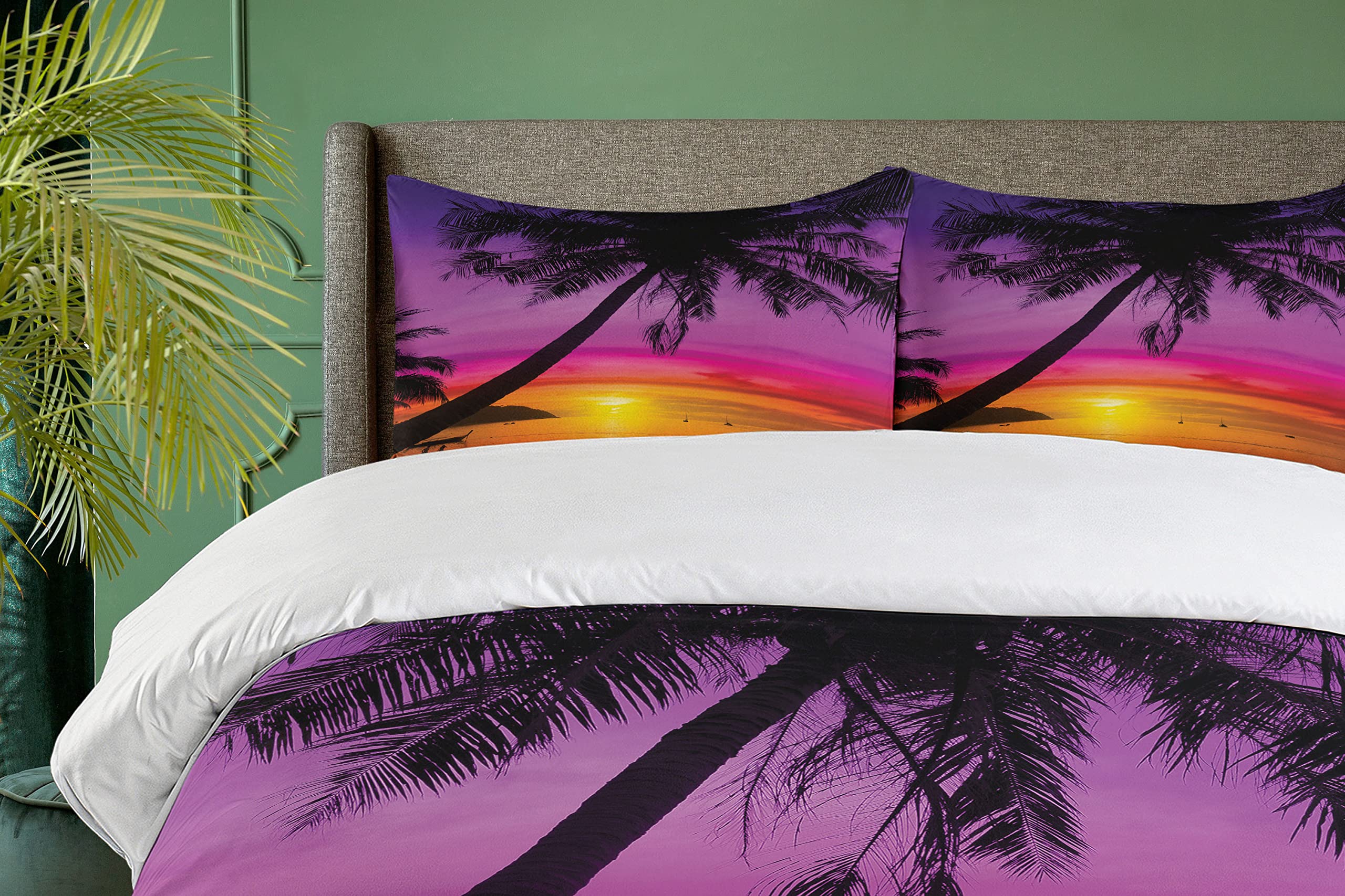 Ambesonne Tropical Duvet Cover Set - Palm Tree Beach Sunset Design, 2-Piece Twin Size Bedding with Pillow Sham in Purple, Orange & Black | Perfect for Summer Travel Themed Bedrooms & Coastal Home Decor