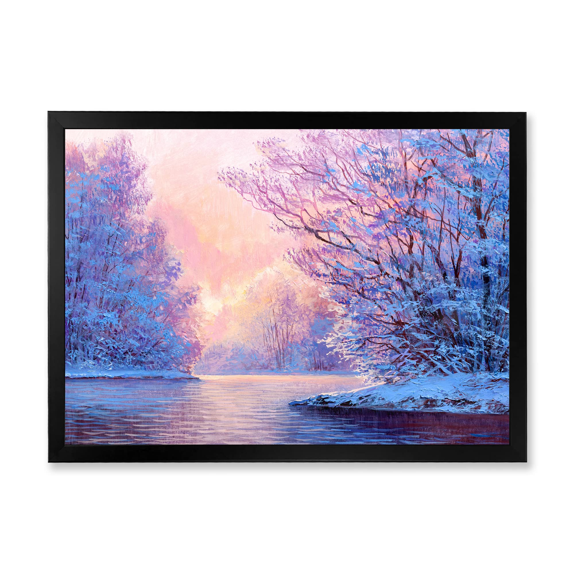 Winter Landscape With The River - Original Lake House Framed Wall Art Painting - Perfect for Living Room, Bedroom & Office Decor