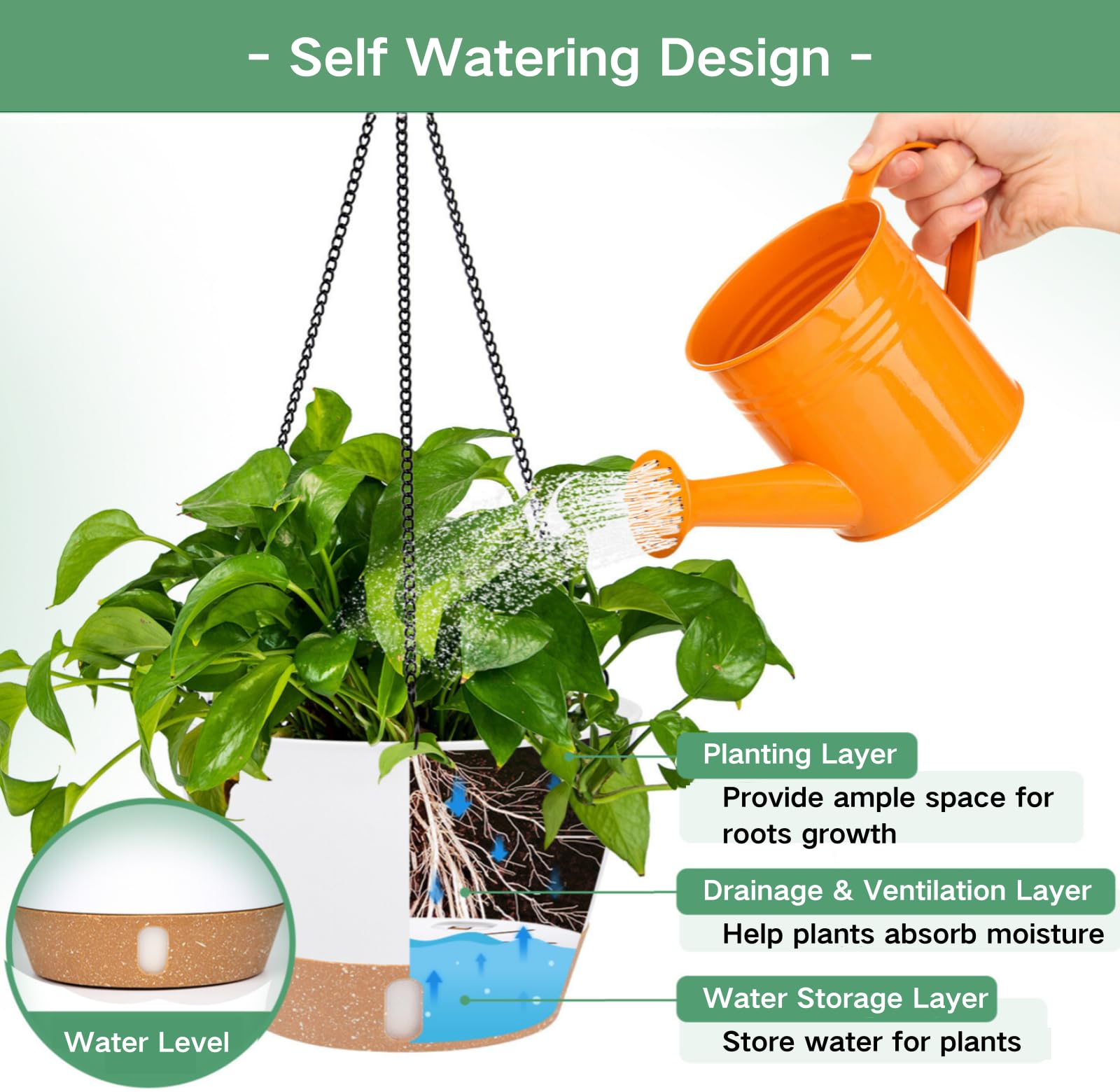 QCQHDU 8 Inch Self-Watering Hanging Planters for Indoor & Outdoor Plants - 2 Pack with Drainage Holes & Removable Tray - Perfect for Balcony, Patio, and Home Decor
