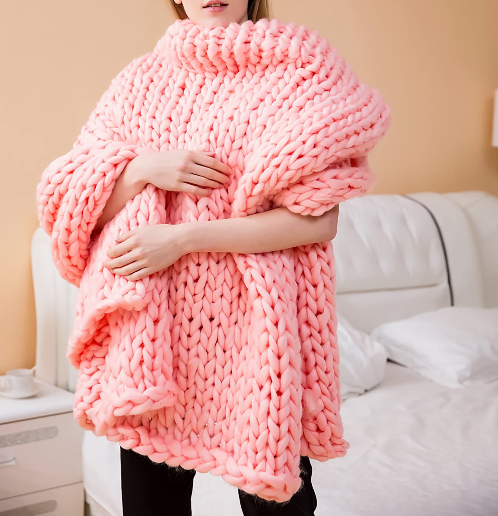 Chunky Knit Blanket - Extra Warm & Cozy Handmade Wool Throw Blanket for Couch, Bed, Sofa - Soft Knitted Bedspread for Home Decor (Pink, 80x100cm) - Perfect for Winter Nights, Living Room Lounging & Gift Giving