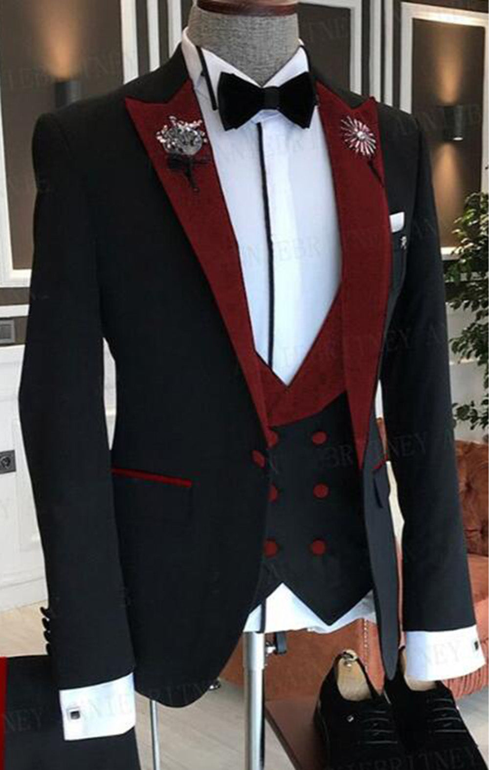 Elegant Men's 3-Piece Velvet Tuxedo Suit with Peak Lapel - Red & Black Wedding Jacket, Vest & Pants (CB343) | Perfect for Formal Weddings, Prom & Black Tie Events