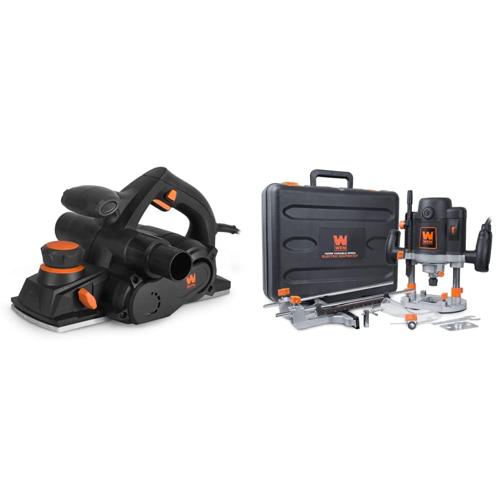 WEN 6534 8-Amp Electric Hand Planer & RT6033 15-Amp Variable Speed Plunge Router Kit with Carrying Case | 4-3/8-Inch Woodworking Tools for DIY Projects, Furniture Making, and Home Renovation