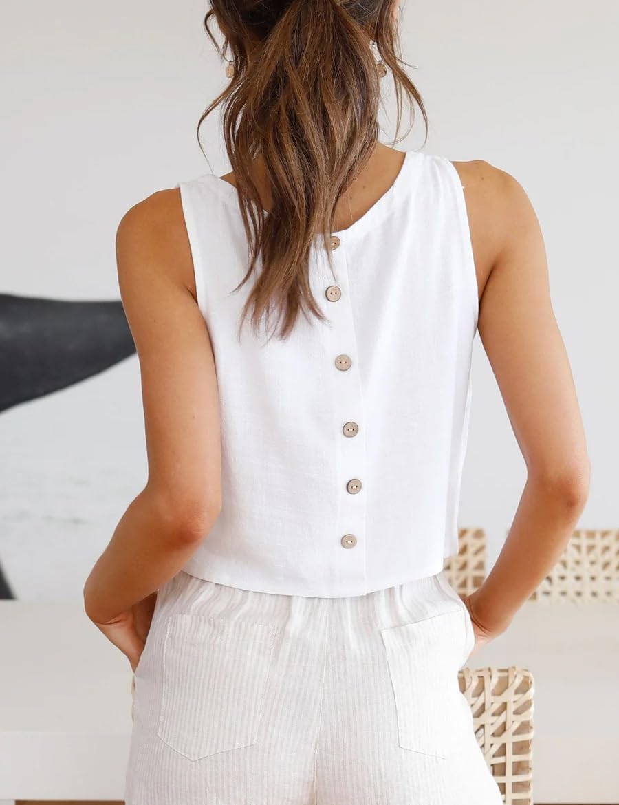 IDEALSANXUN Women's Linen Crop Tank Top - Breathable Sleeveless Summer Shirt in Cotton Linen Blend | Perfect for Beach Outfits, Casual Wear & Vacation Essentials