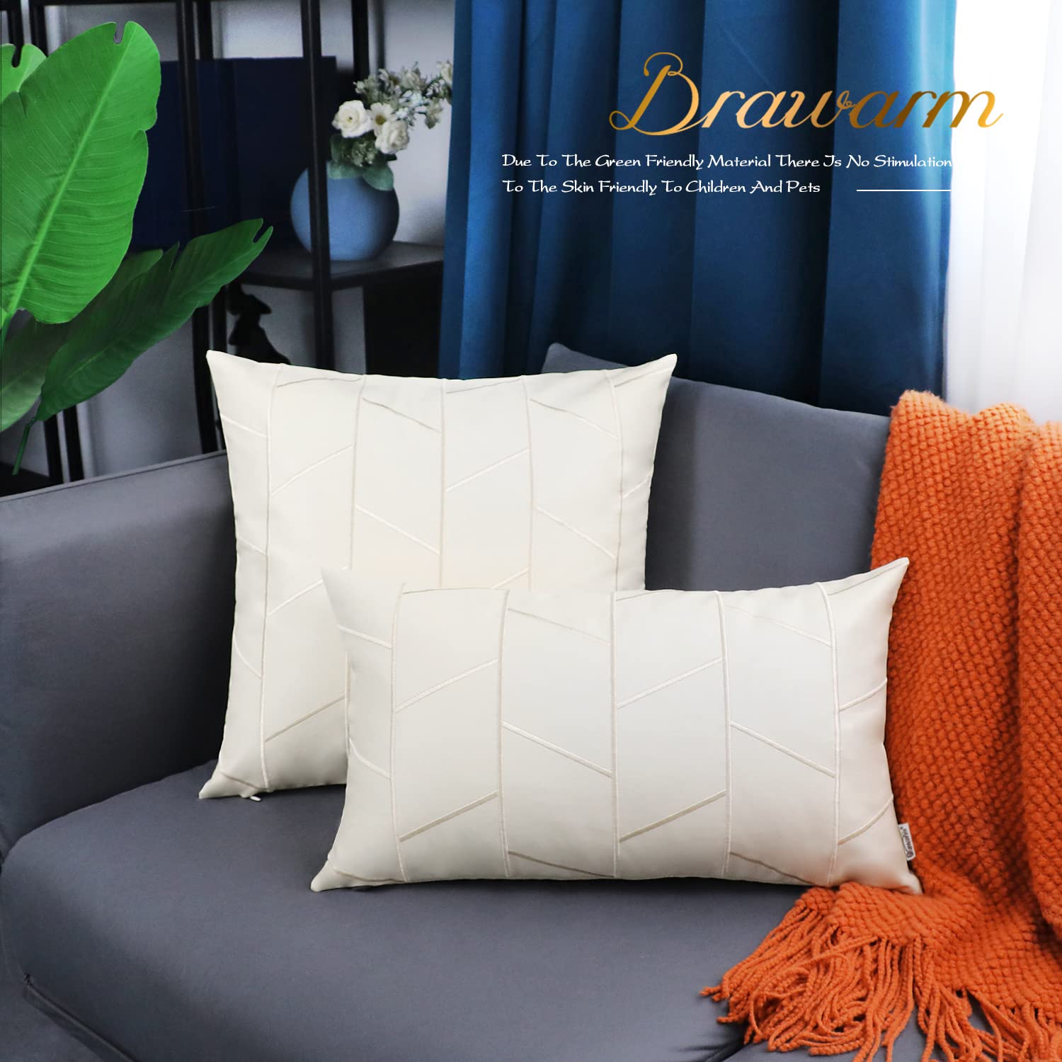 BRAWARM 16x16 Inch Faux Leather Pillow Covers - Pack of 2, Cream Geometric Embroidery Decorative Throw Pillows for Living Room, Couch, Bed & Sofa - Perfect for Home Decor, Farmhouse Style & Cozy Interior Design