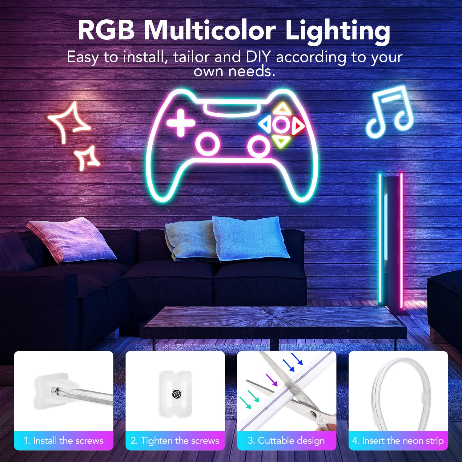 16.4Ft RGB LED Strip Lights with App Control & Music Sync - Waterproof Flexible Neon Rope Lights for Bedroom, Home Decor (Indoor Use) - Perfect for Parties, Gaming Rooms & Mood Lighting