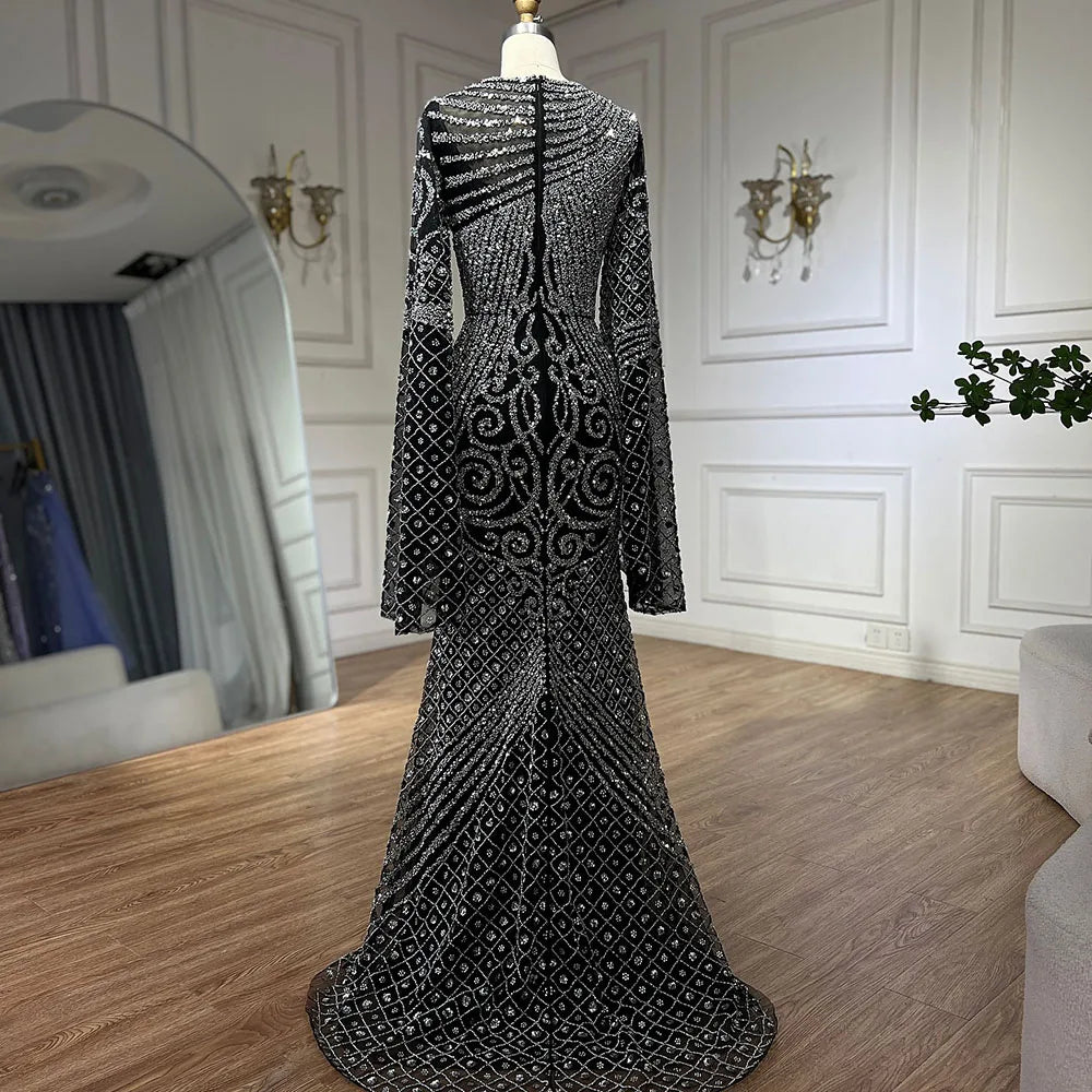 Luxury Dubai Flared Sleeves Caramel Beaded Saudi Arabic Mermaid Evening Dress Gown for Women - Formal Occasion Wedding Party Prom Night LA72771