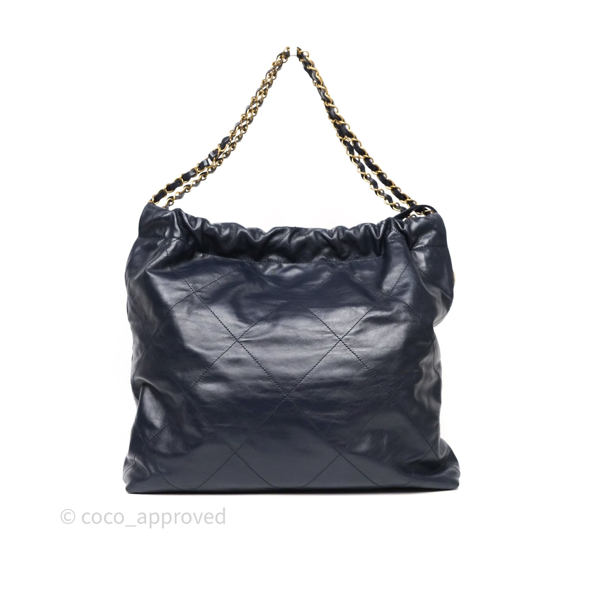 Chanel 22 Medium Handbag Navy Blue Shiny Calfskin Leather with Aged Gold Hardware - Luxury Designer Shoulder Bag for Women, Perfect for Work, Travel & Evening Events