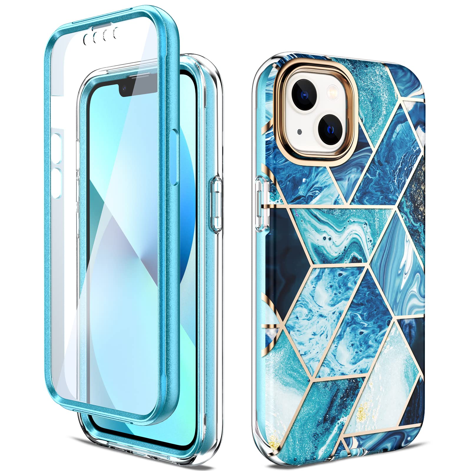 Troniker Stylish Shockproof Bumper Case for iPhone 13 with Built-in Screen Protector | Full Body Protective Phone Cover for Women & Men | Blue Marble Design | Perfect for Everyday Use, Work & Travel Protection