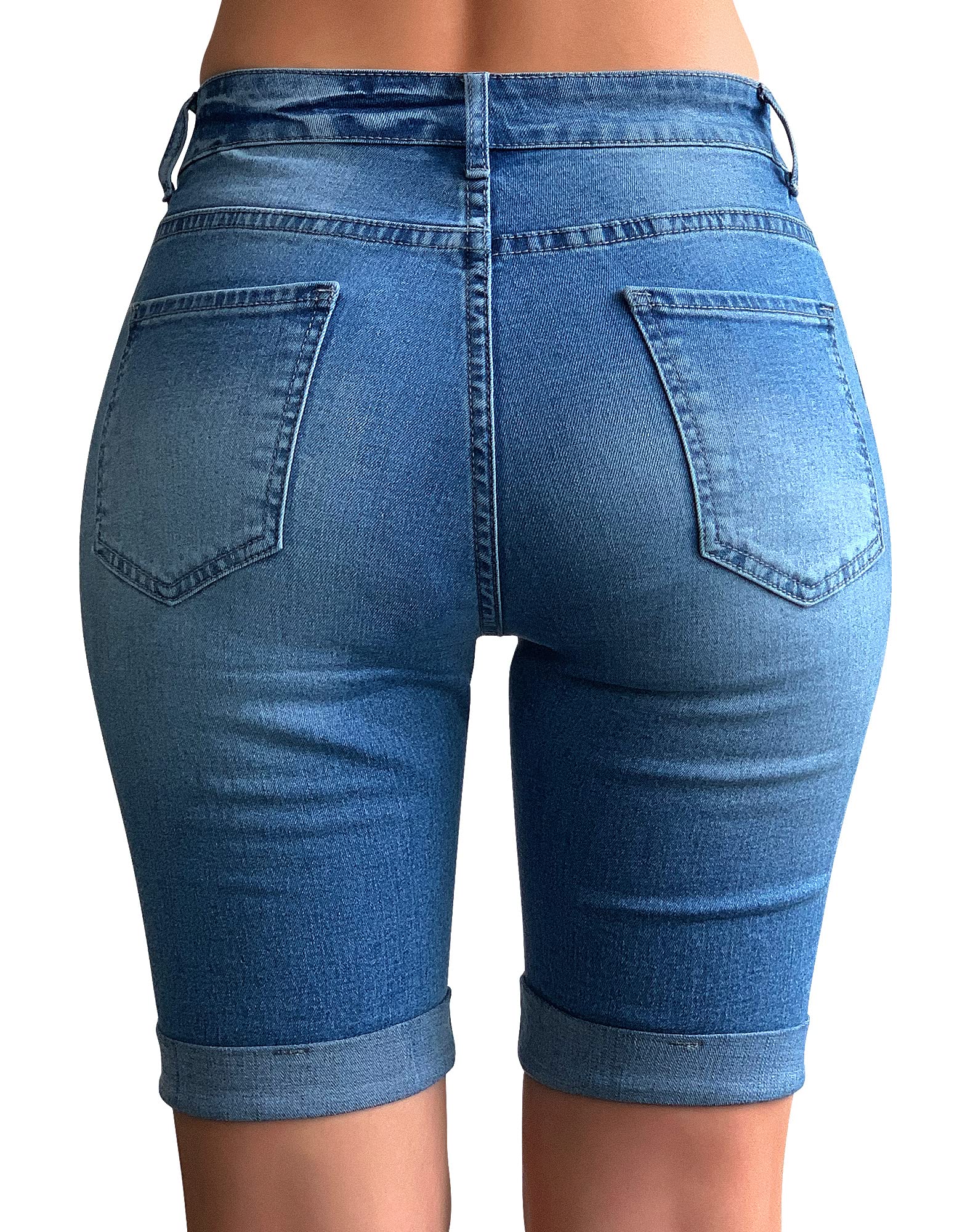 Roswear Women's Mid Rise Roll Cuff Bermuda Stretch Denim Jean Shorts - Comfortable Casual Summer Shorts for Beach, Travel and Everyday Wear