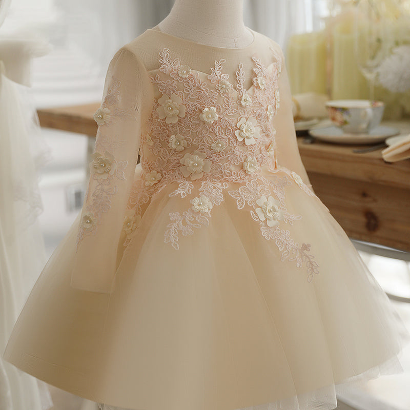 Elegant Champagne A-Line Tea-Length Flower Girl Dress with Delicate Lace Flowers - Perfect for Weddings, Bridal Showers & Special Occasions