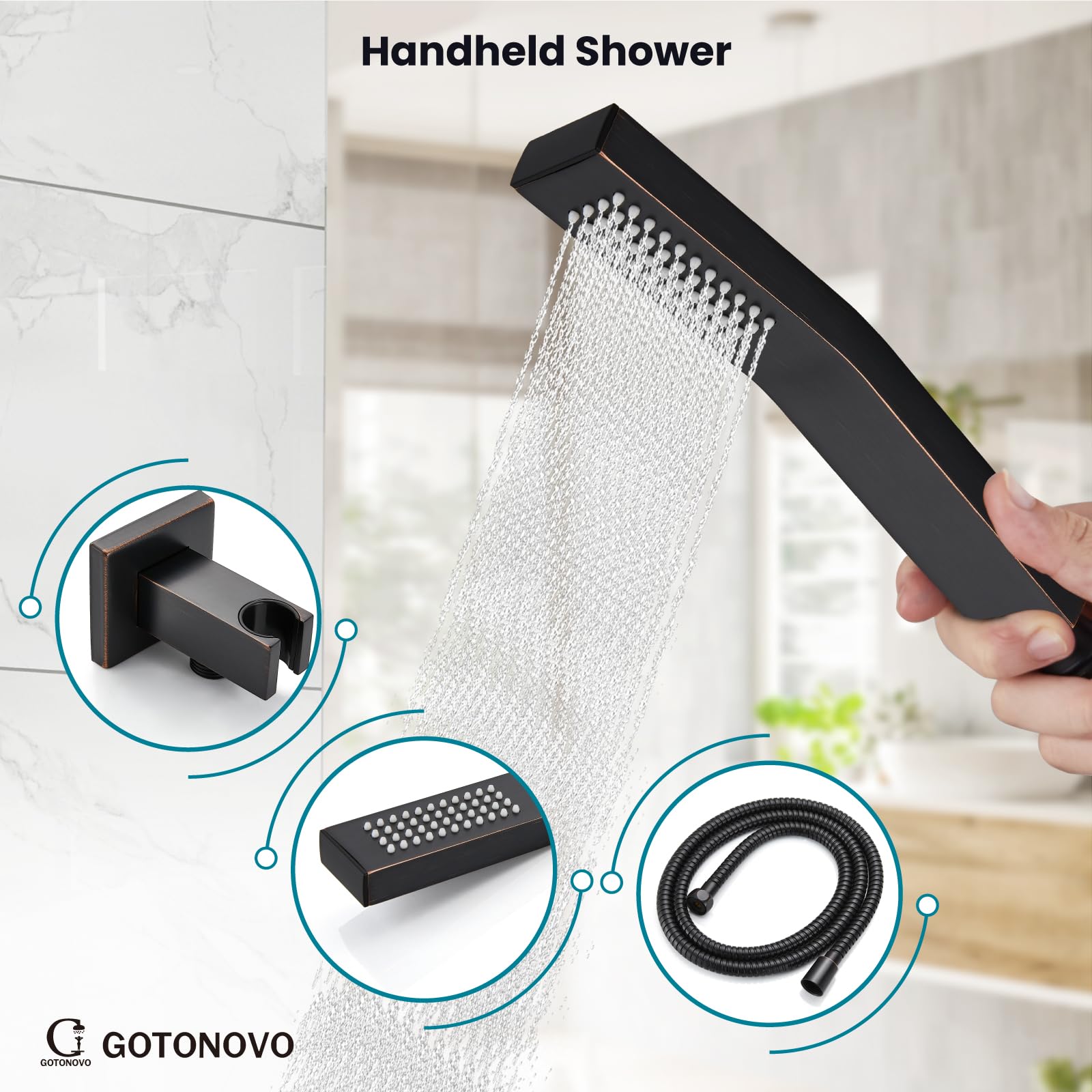 Gotonovo 3-Function Wall Mount Shower System Set with Rainfall Shower Head, Handheld Spray, and Tub Spout - Oil Rubbed Bronze Finish for Bathroom Renovation and Luxury Spa Experience