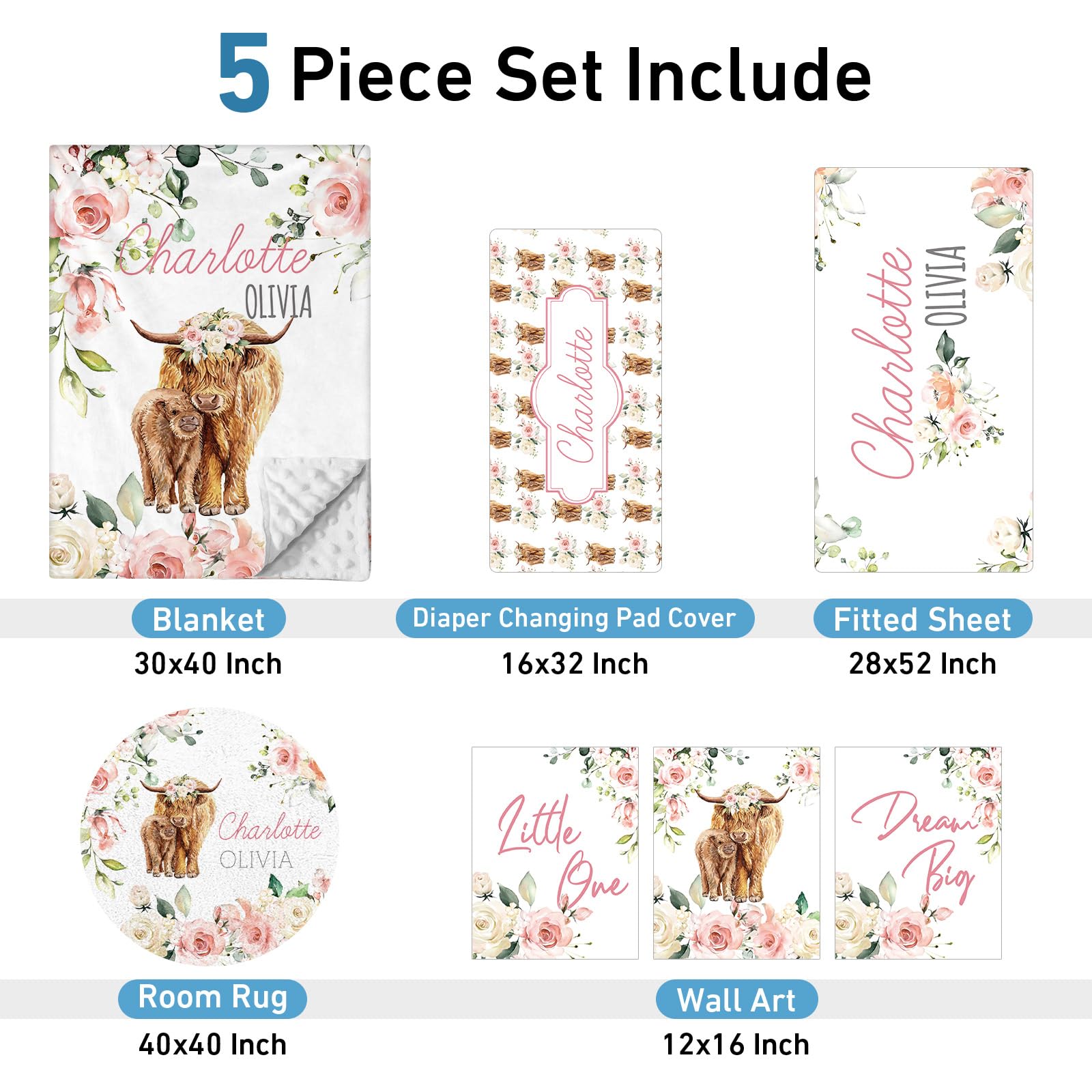 Custom Personalized Baby Crib Bedding Set - 5 Piece Rose Highland Cow Nursery Bedding with Name Embroidery | Soft Floral Crib Set for Newborn Girls & Boys | Perfect Baby Shower Gift & Nursery Decor (Standard Size)
