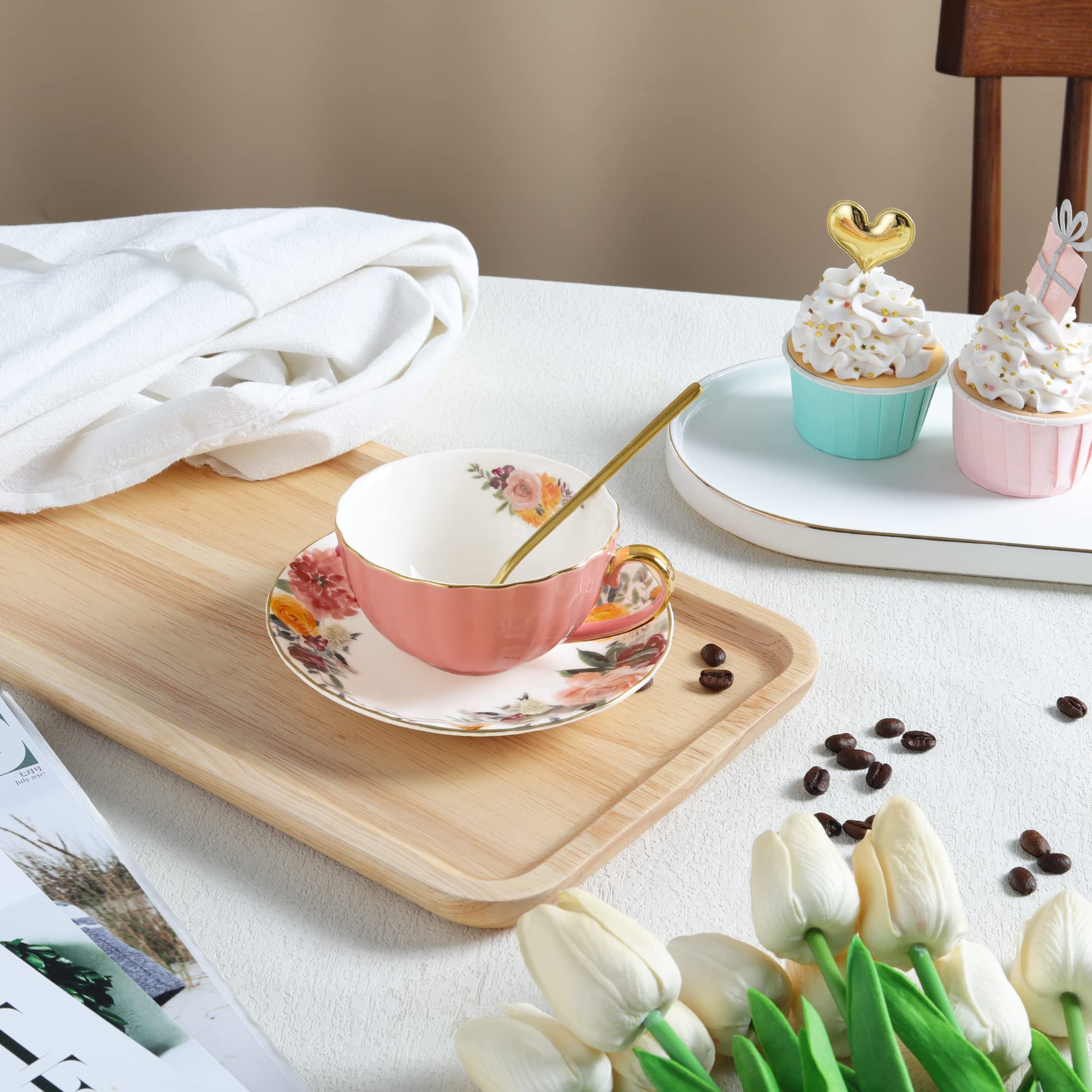 Fanquare English Pink Tea Cup Set - Floral Porcelain Tea Cup with Spoon & Saucer, 7oz Ceramic Tea Set for Afternoon Tea, Bridal Shower, or Gift