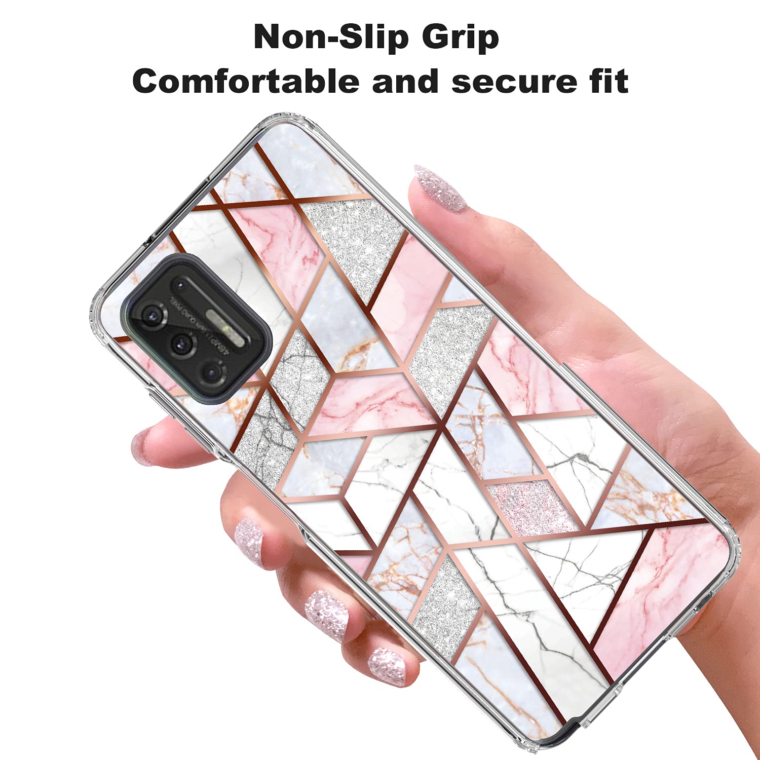 Rosebono Moto G Stylus 2021 Case - Hybrid Bling Glitter Sparkle Laser Pink with Polygon Geometric Marble Design | Fashionable Protective Cover for Women & Teens | Perfect for School, Work & Daily Use