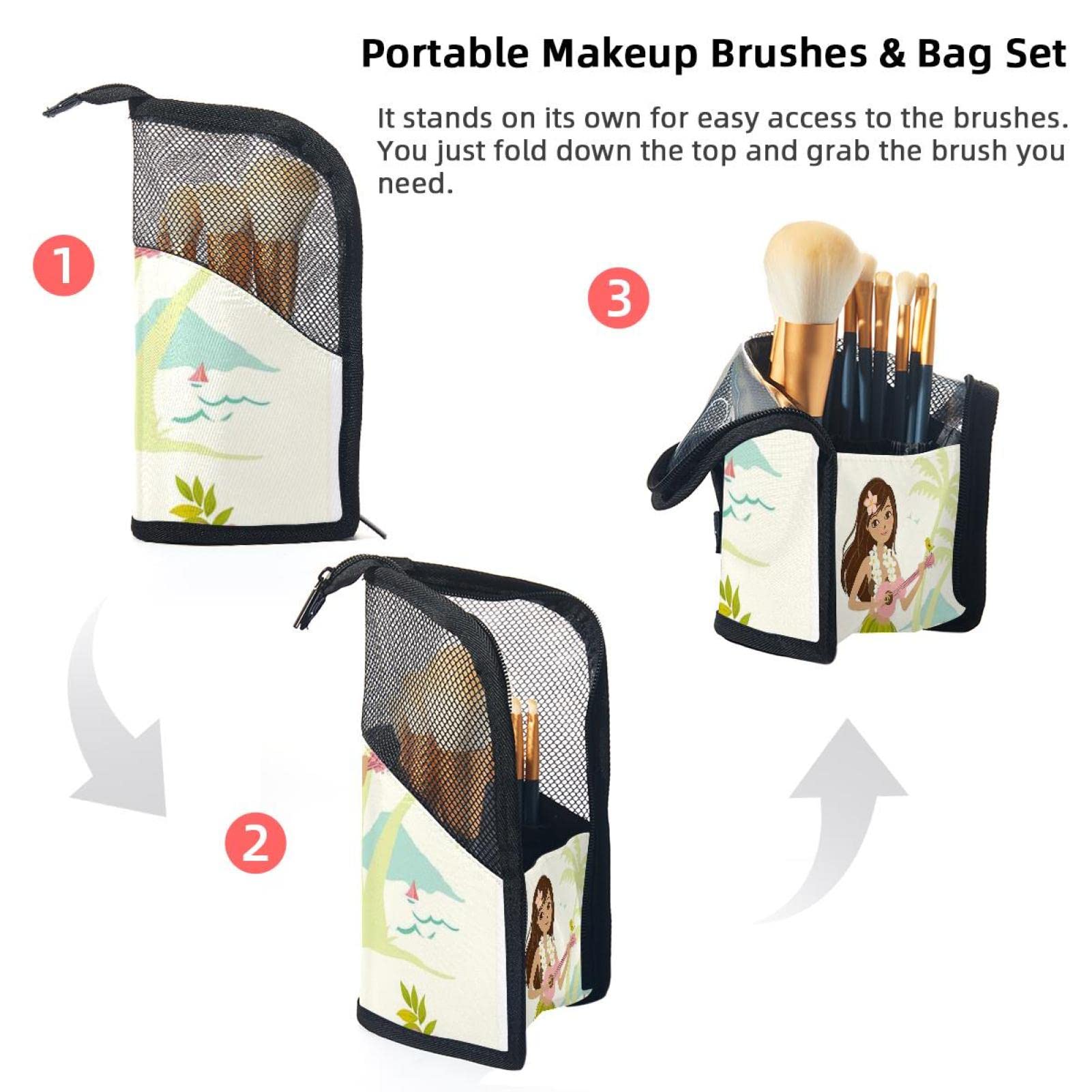12-Piece Makeup Brush Organizer Bag with Portable Holder Case - Aloha Girl in Grass Skirt Beach Design - Perfect for Travel, Home Storage & Makeup Artists