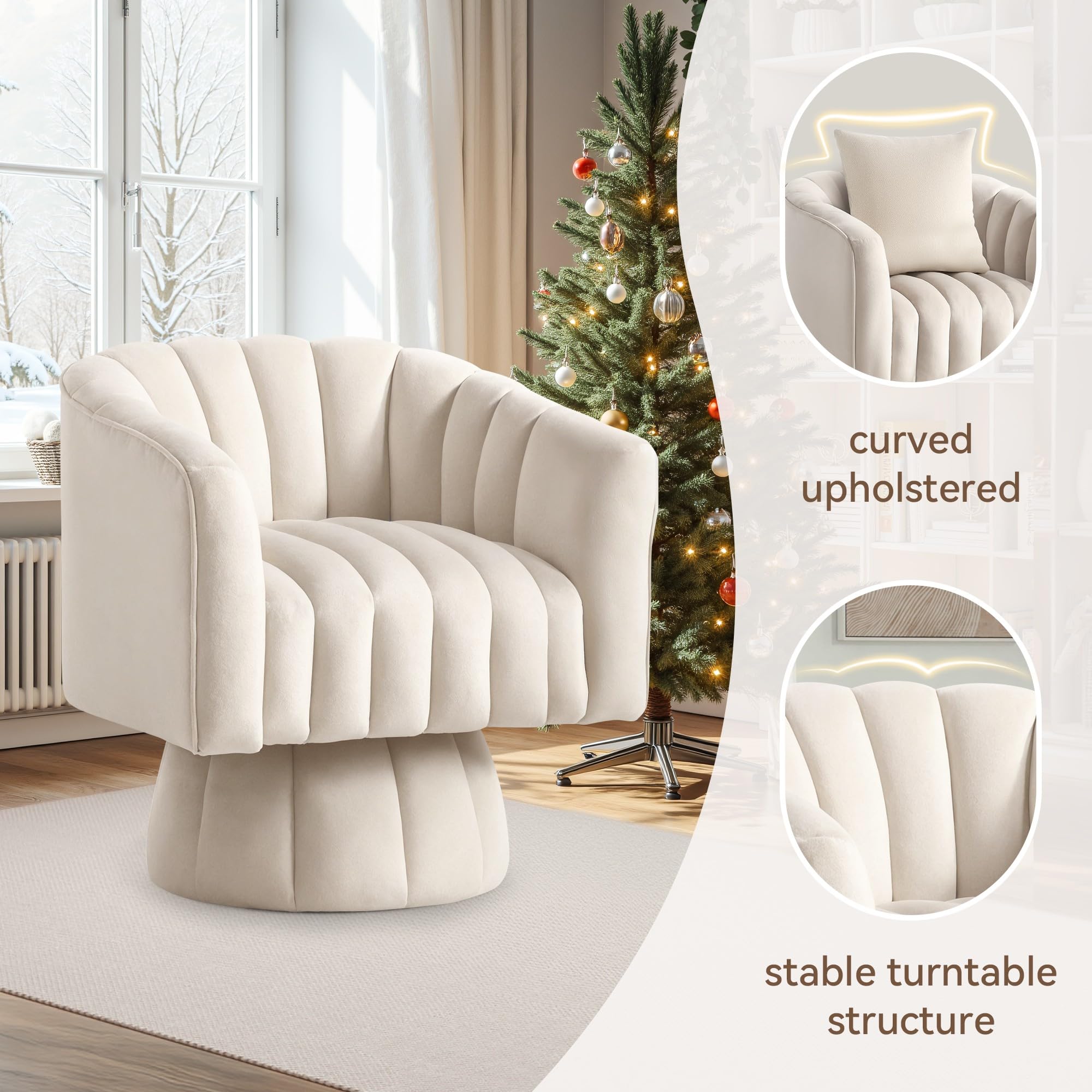 360° Swivel Accent Chair - Modern Velvet Upholstered Barrel Chair with Wide Round Base | Mid-Century Style Lounge Armchair for Living Room, Bedroom & Office | Soft Beige Fabric for Comfortable Seating