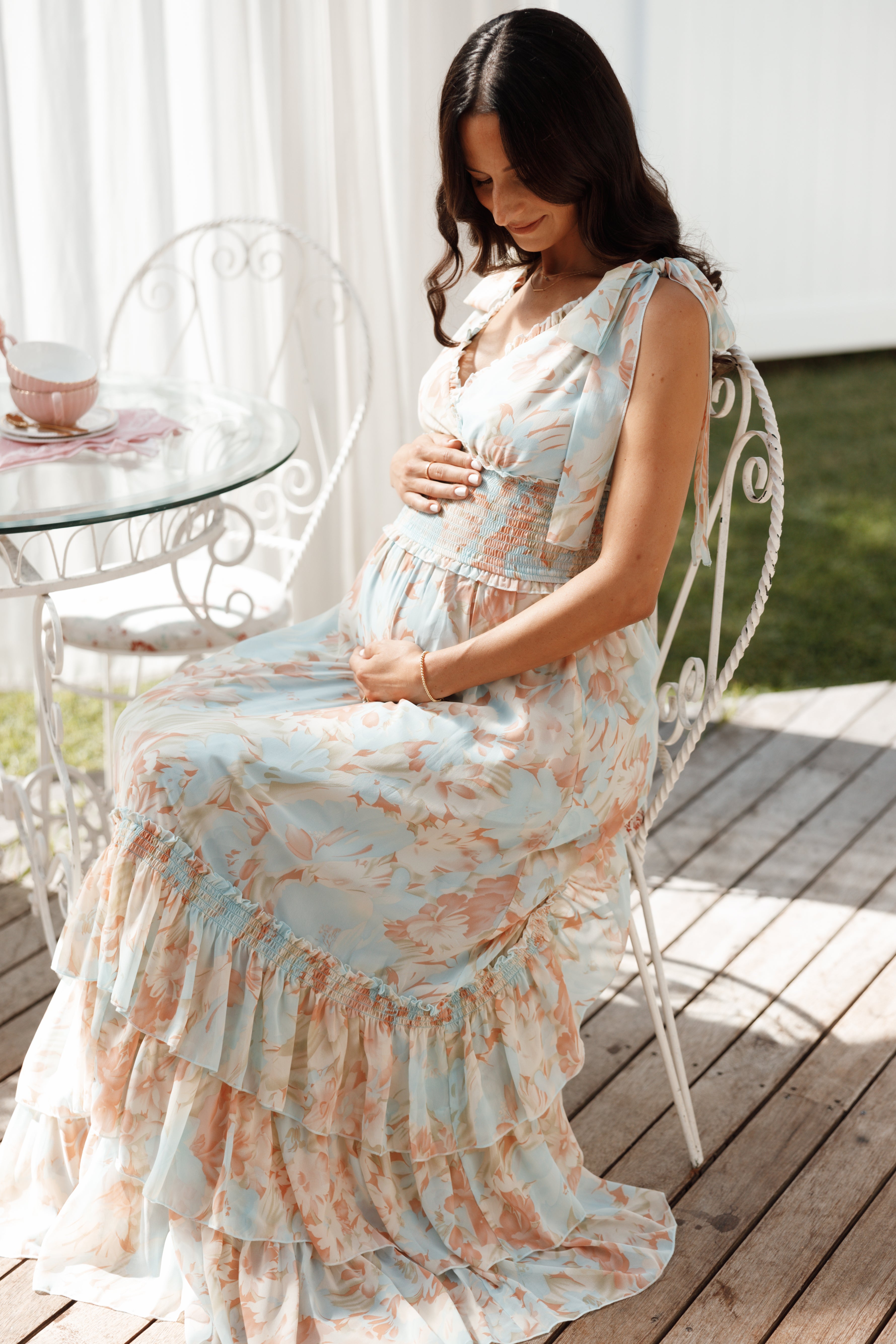 Christabel Women's Blue Floral Tiered Maxi Dress - Elegant Boho Summer Beach Dress for Vacations, Weddings & Outdoor Events
