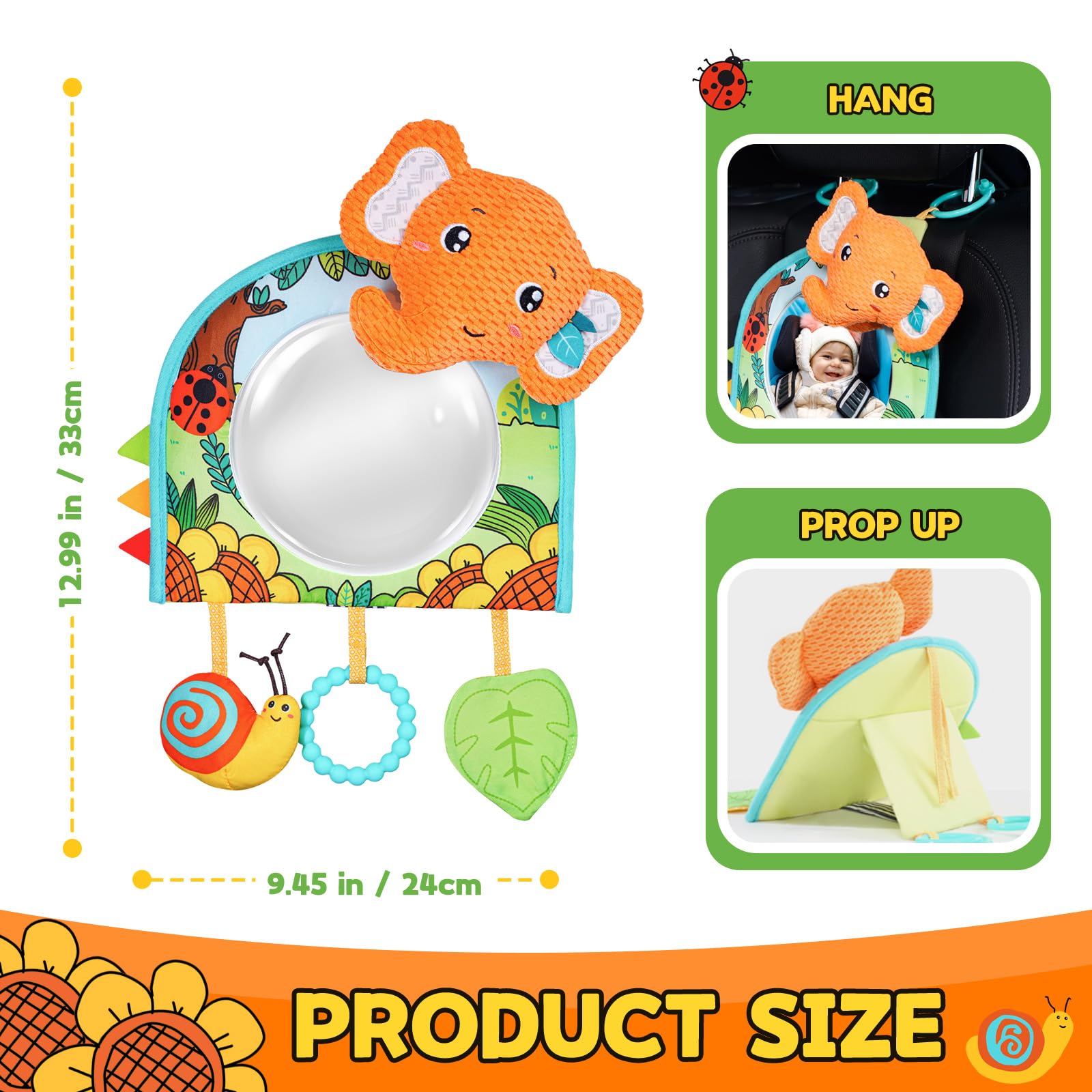 Baby Car Seat Toys - Mirror, Teether & Crinkle Paper for Travel & Tummy Time