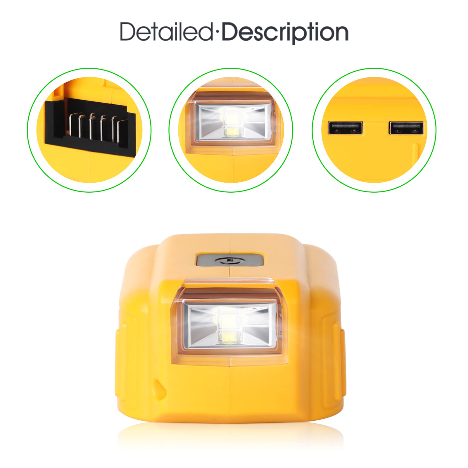 DSANKE USB Adapter Charger for Dewalt 20V Battery - Dual USB Ports, 12V DC Output & LED Work Light | Replacement for Dewalt DCB090 | Compatible with Dewalt 20V Batteries DCB200 DCB206 DCB609 DCB606 | Perfect for Job Sites, Camping & Emergency Power