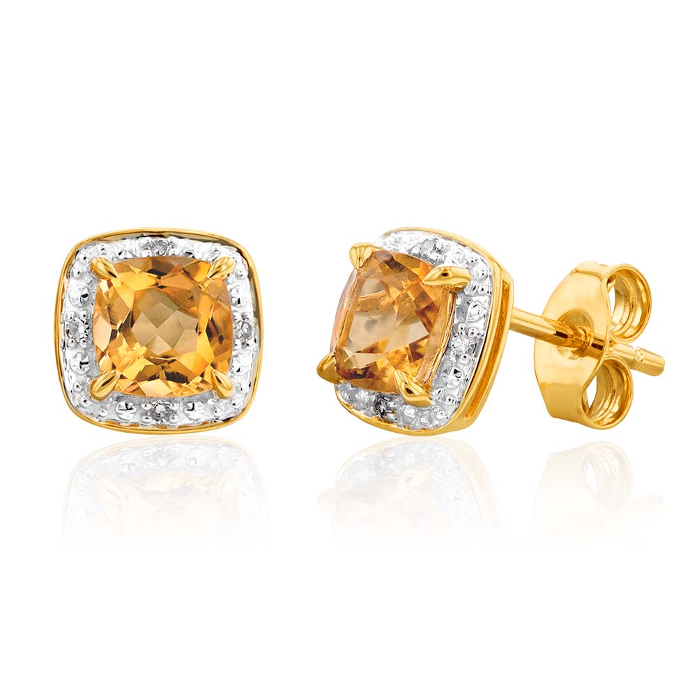 9ct Yellow Gold 1/2ct Citrine and Diamond Cushion Cut Stud Earrings for Women - Elegant Jewelry Gift for Birthday, Anniversary & Special Occasions