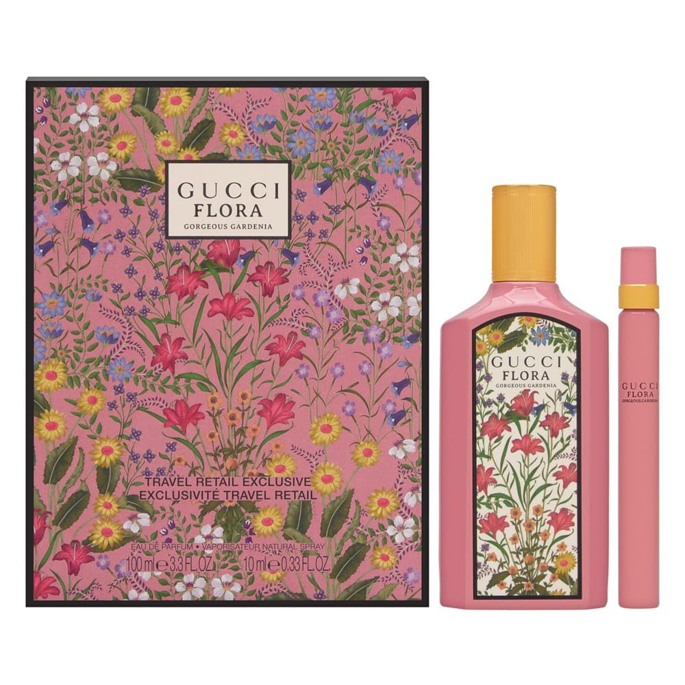 Gucci Flora Gorgeous Gardenia Perfume Gift Set for Women - 3.3oz EDP Spray + 0.33oz Mini Travel Size | Floral Fragrance for Date Night, Wedding & Special Occasions