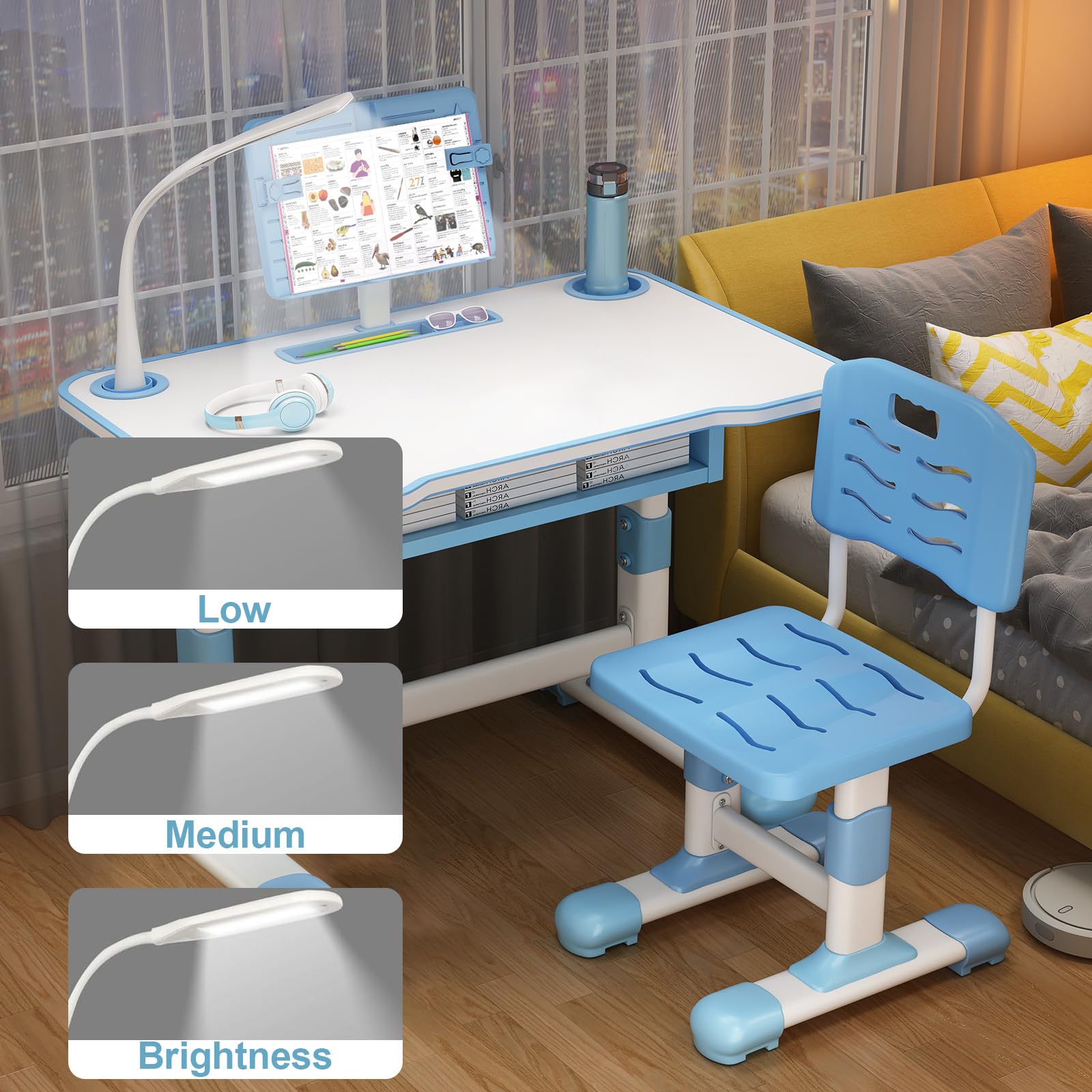 Adjustable Kids Desk and Chair Set with Light - Study & Art for Home School