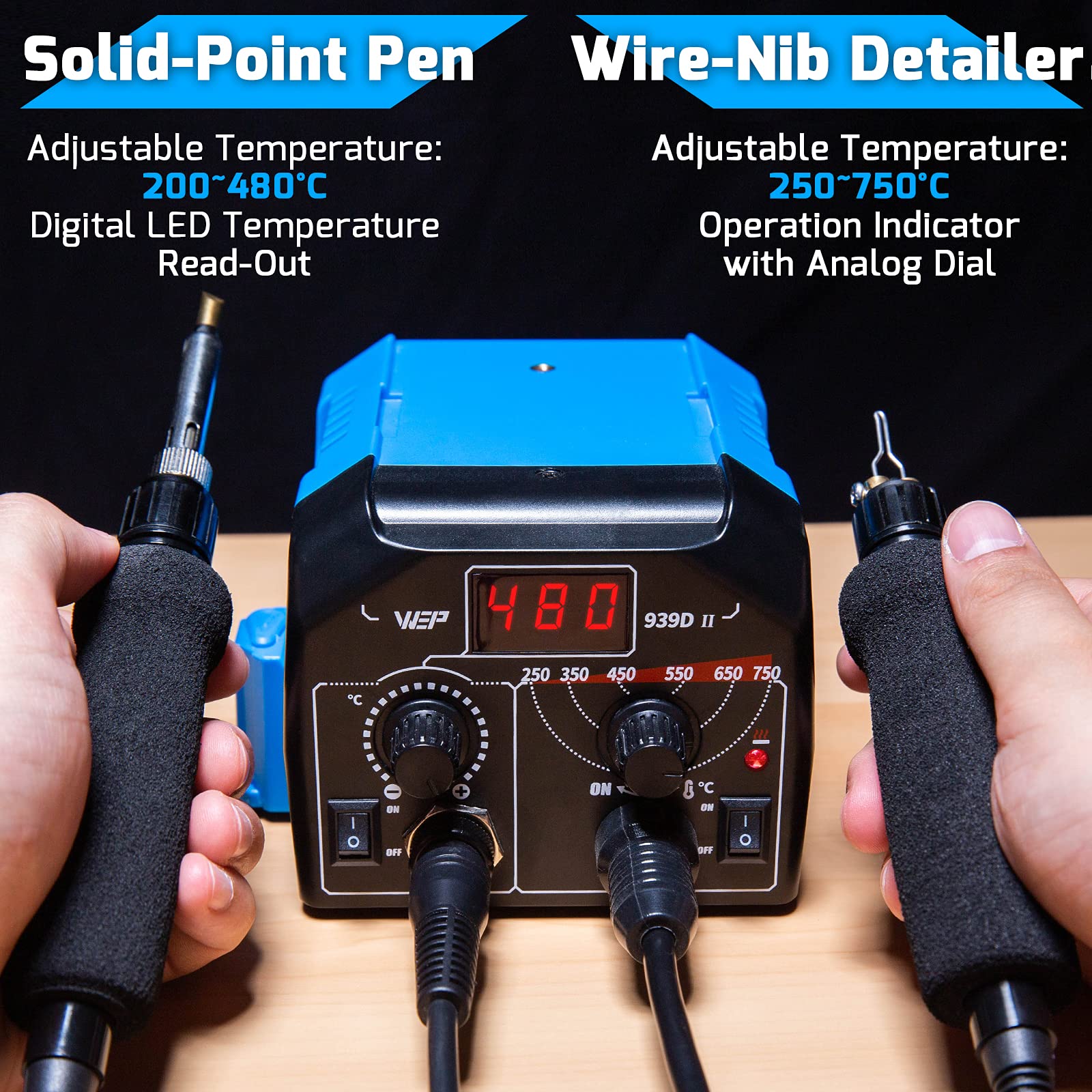 WEP 939D-II 2-in-1 Wood Burning Kit with 86 Accessories - 51 Solid Points & 20 Wire Nibs - Includes 2 Letter/Number Stencils, 2 Unfinished Wood Pieces & Pen Holder - Perfect for DIY Wood Burning, Pyrography Art & Craft Projects