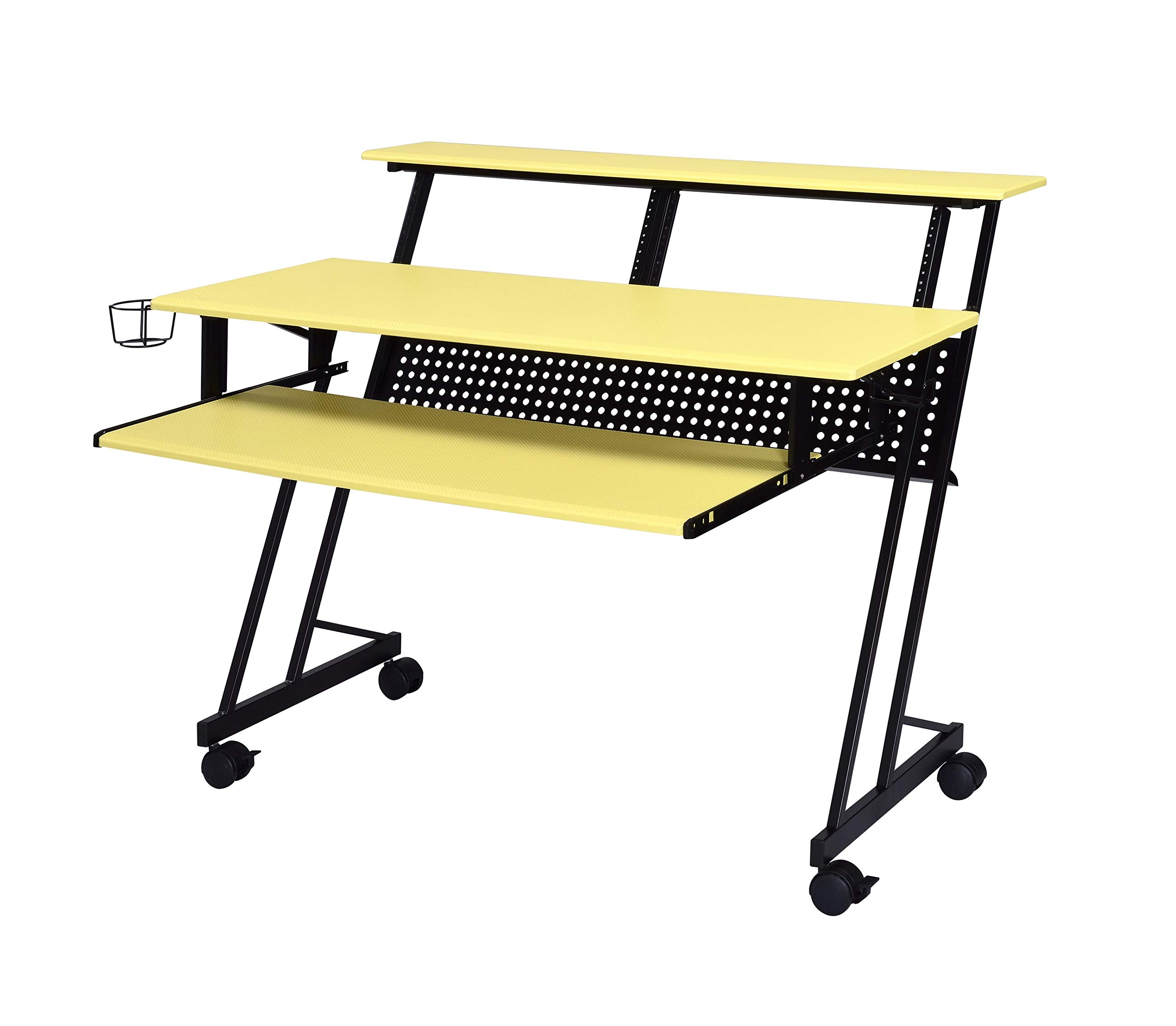 Benjara Modern Rectangular Computer Desk with Storage Shelf & Cup Holder - Black & Yellow Finish for Home Office, Gaming & Study Workspace