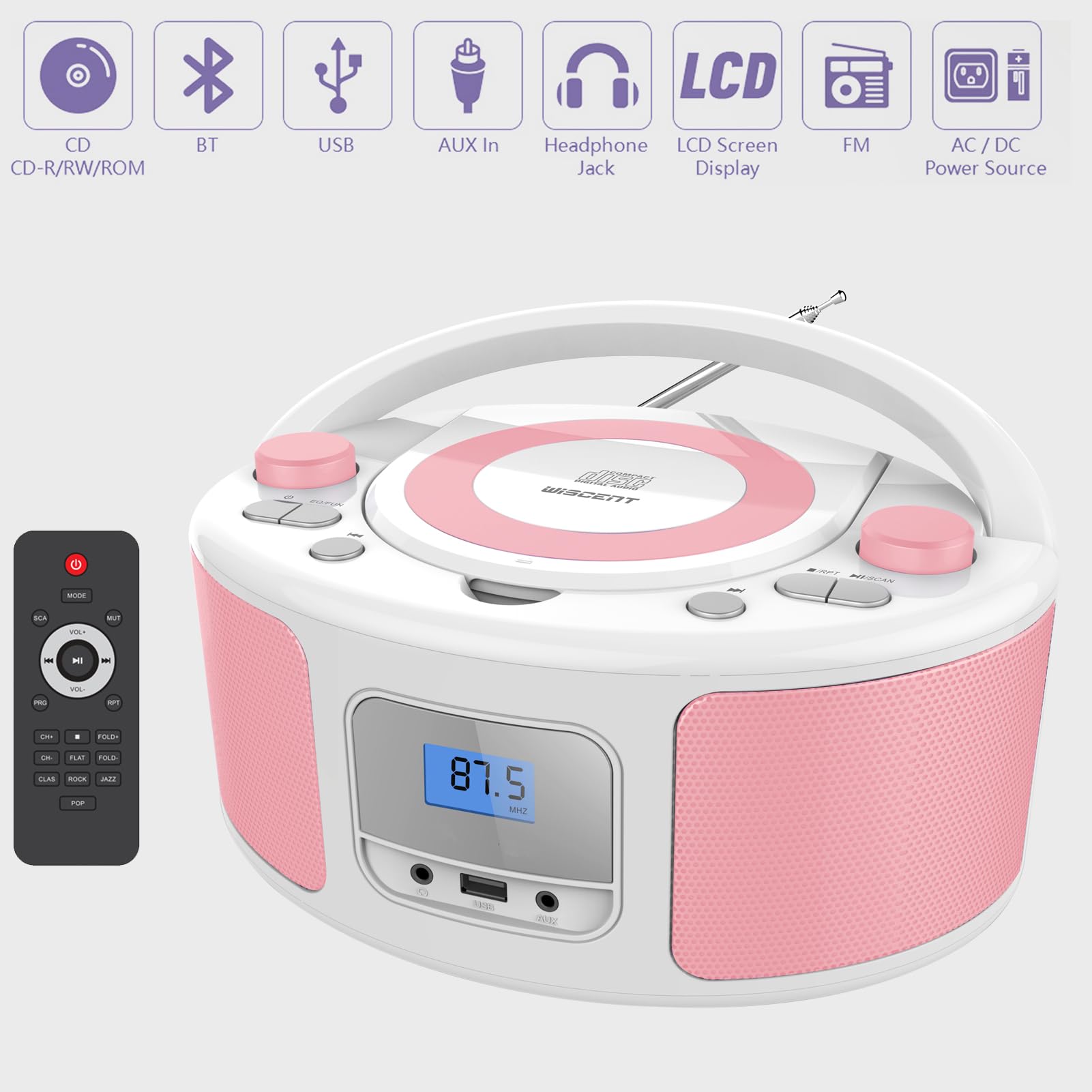 Portable Bluetooth CD Player Boombox with FM Radio, Remote Control, USB & AUX Input - Plays CD-R/CD-RW/MP3/WMA - AC/Battery Powered (WTB-791) - Perfect for Home, Office, Travel & Outdoor Parties