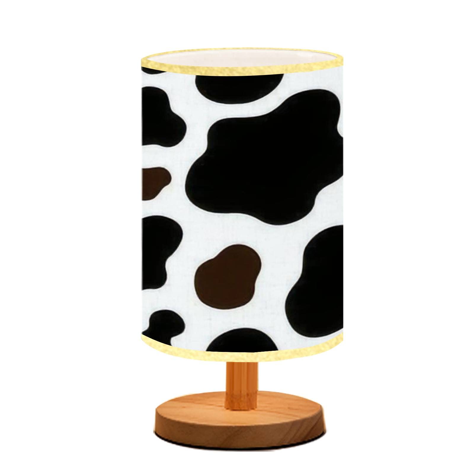 Dimmable Cow Print Table Lamp with Wood Base & Flaxen Fabric Shade - Brown Black White Spot Pattern Nightstand Lamp for Bedroom, Living Room, Office | Perfect for Reading, Relaxing & Ambient Lighting
