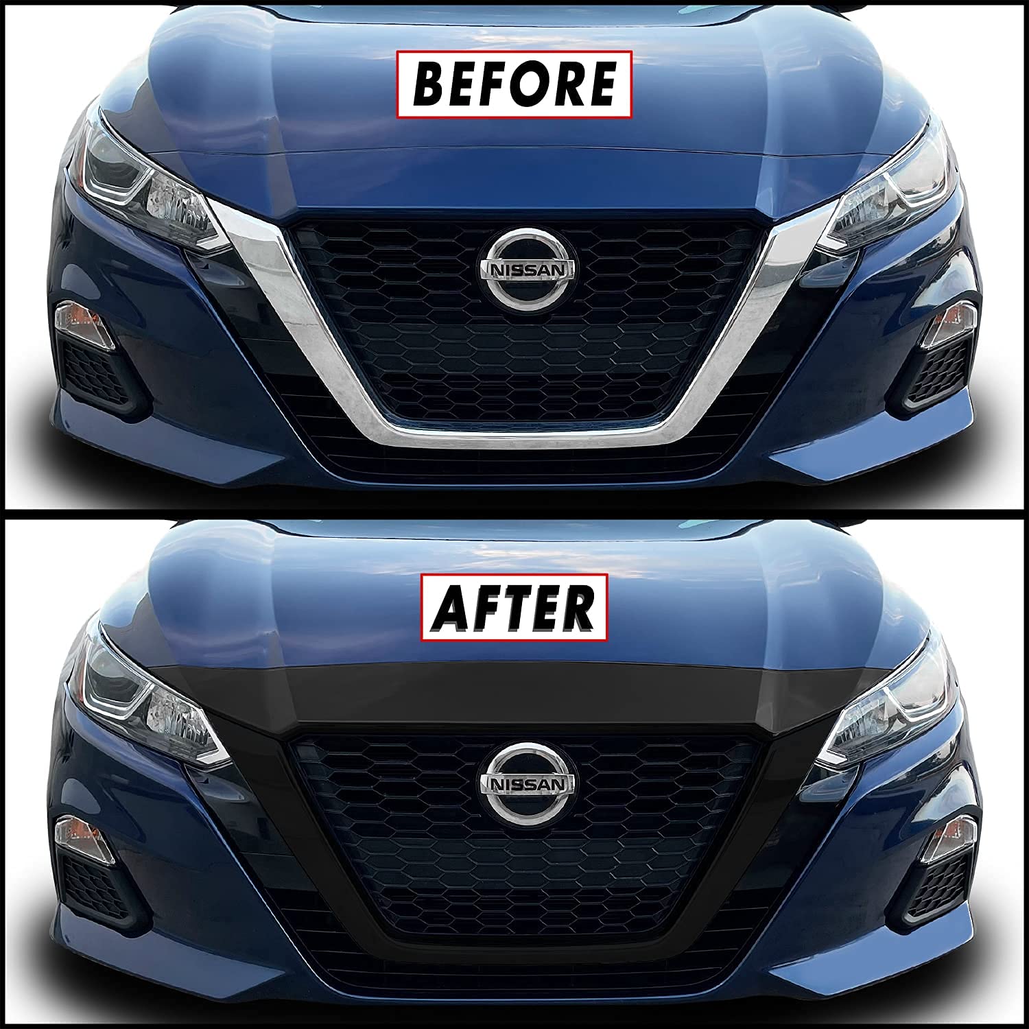 SlickMod Gloss Black Chrome Delete Vinyl Overlay Kit for 2019-2022 Nissan Altima - Front Grill & Hood Trim Cover - Easy DIY Installation - Upgrade Your Car's Appearance for a Sleek, Sporty Look - Perfect for Car Enthusiasts & Customization Projects