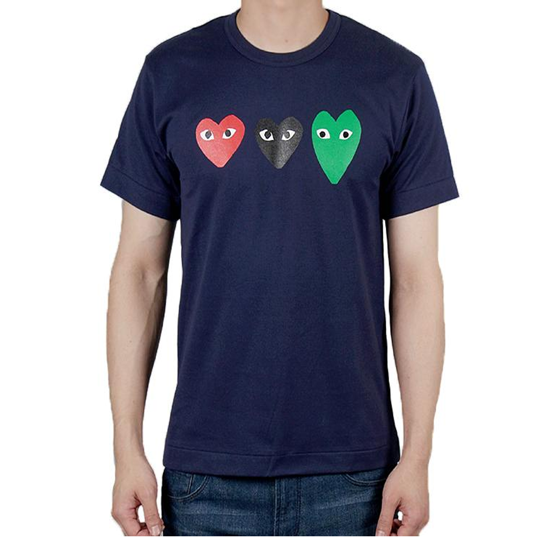 CDG Triple Hearts T-Shirt Navy Blue - Stylish Graphic Tee for Men & Women | Perfect for Casual Wear, Street Fashion & Everyday Outfits