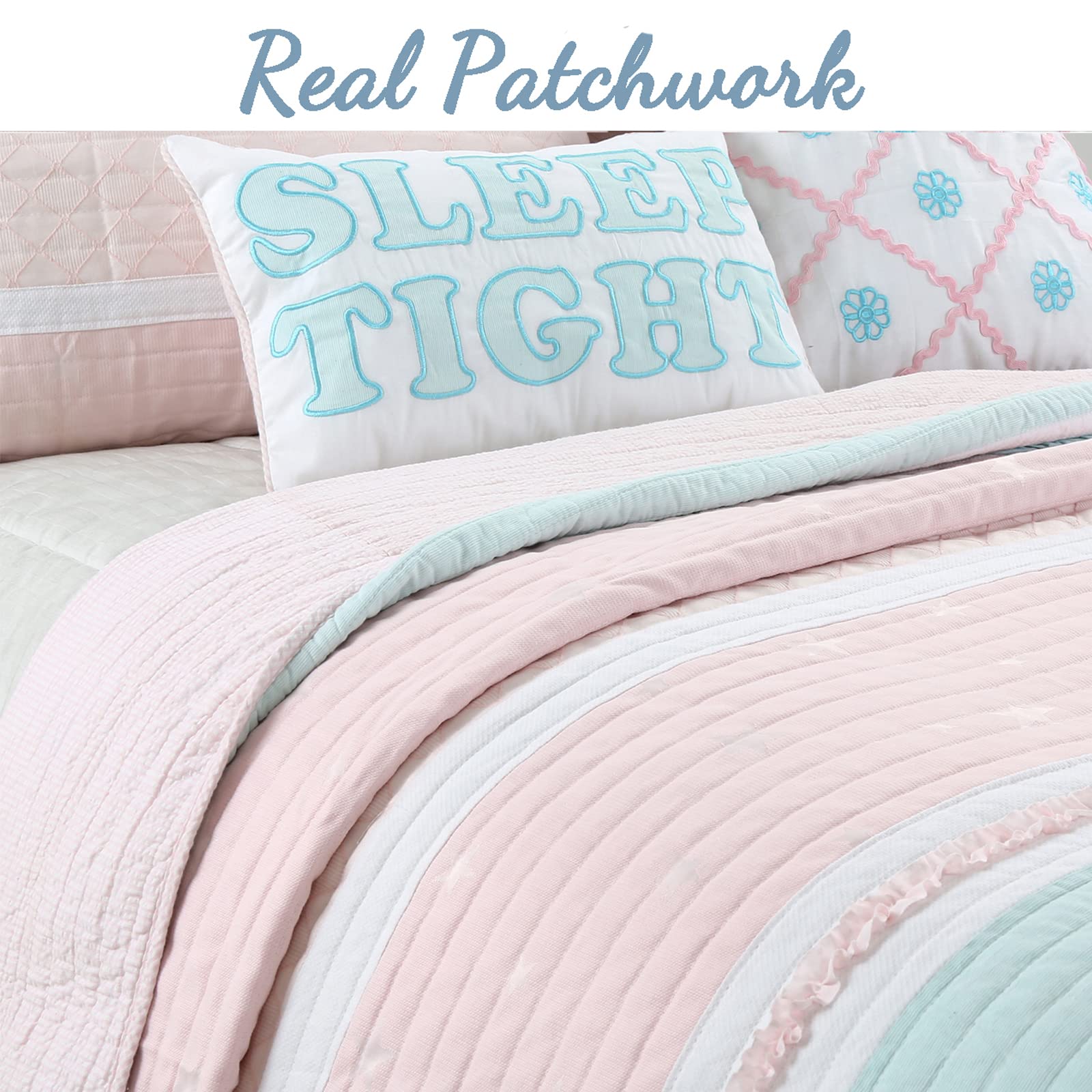 Cozy Line Home Fashions 100% Cotton Reversible Quilt Bedding Set - Light Pink & Blue Ruffled Coverlet & Bedspread (Candy, Queen Size, 3-Piece: 1 Quilt + 2 Shams) | Soft & Breathable Girls' Bedroom Decor | Perfect for Kids' Rooms, Guest Bedrooms & Nursery Decor